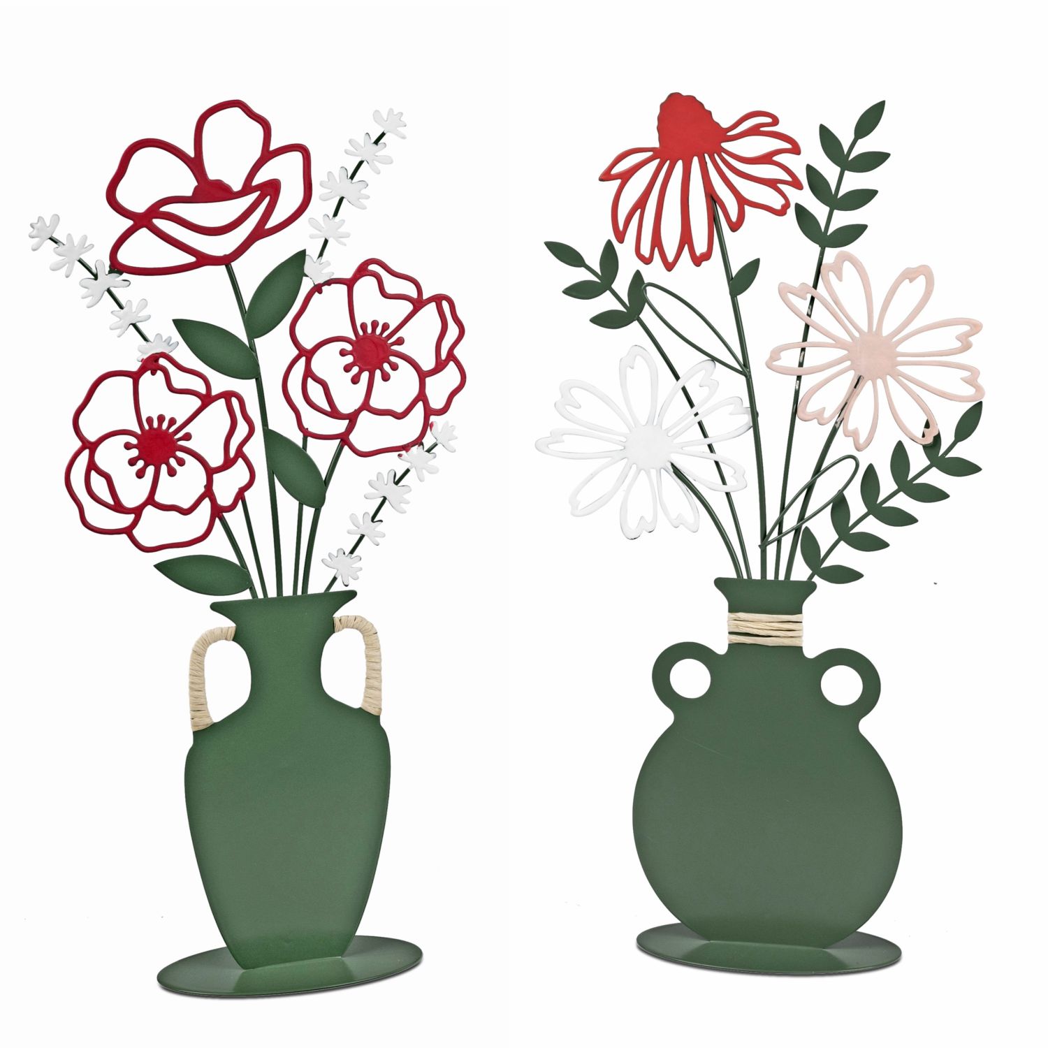 Zwei grüne Vasen mit stilisierten Blumen in Rot, Weiß und Rosa vor weißem Hintergrund