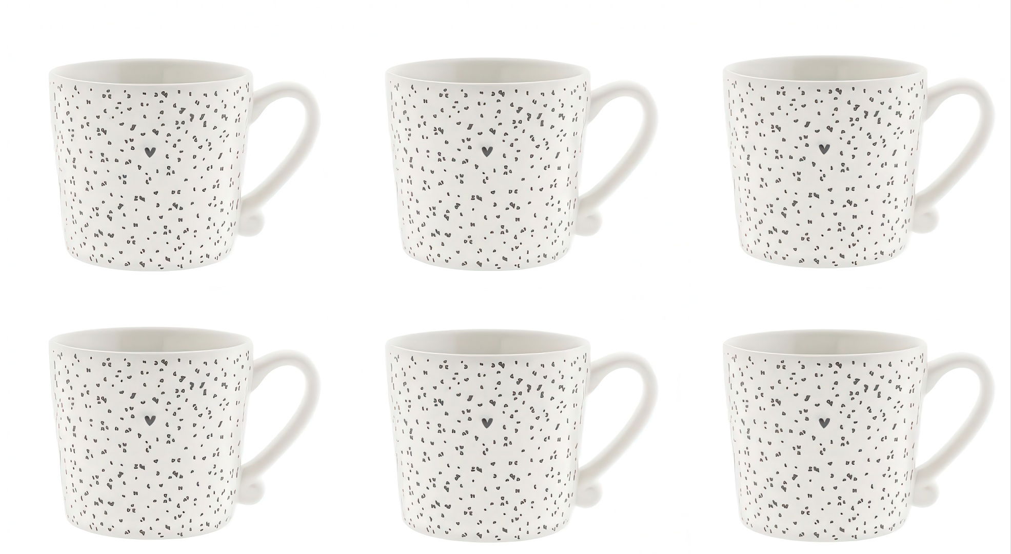Sechs weiße Tassen mit schwarzem Punktmuster und kleinen Herzen, angeordnet in zwei Reihen.