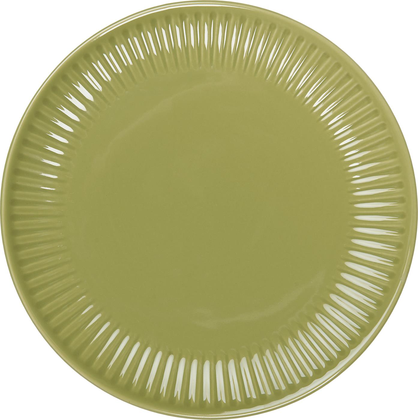 Runder, grüner Teller mit einem strukturierten Rand. Die Oberfläche ist glatt und glänzend.