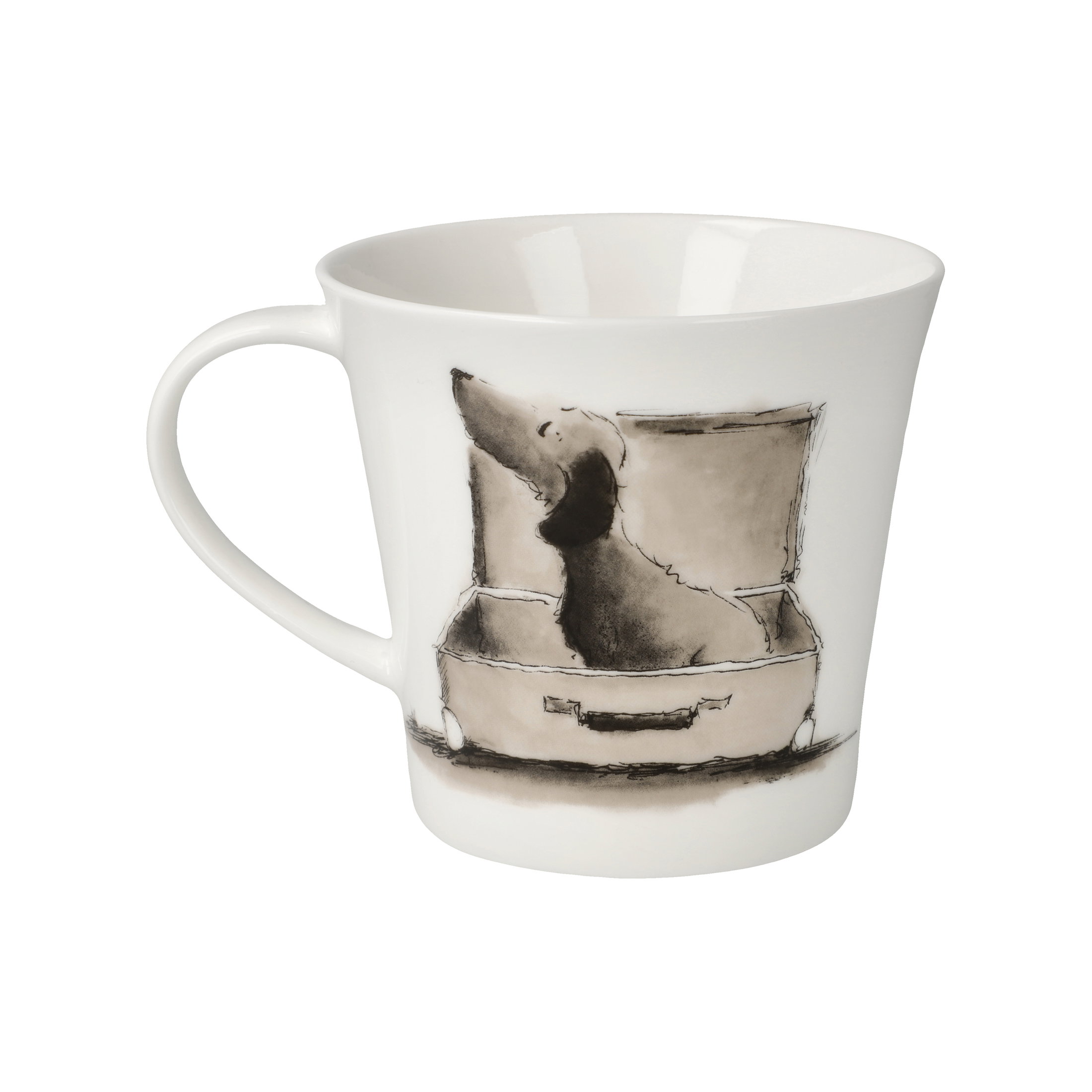 Weißer Becher mit einem schwarz-weißen Motiv eines Hundes, der in einem Koffer sitzt. Der Becher hat einen Henkel.