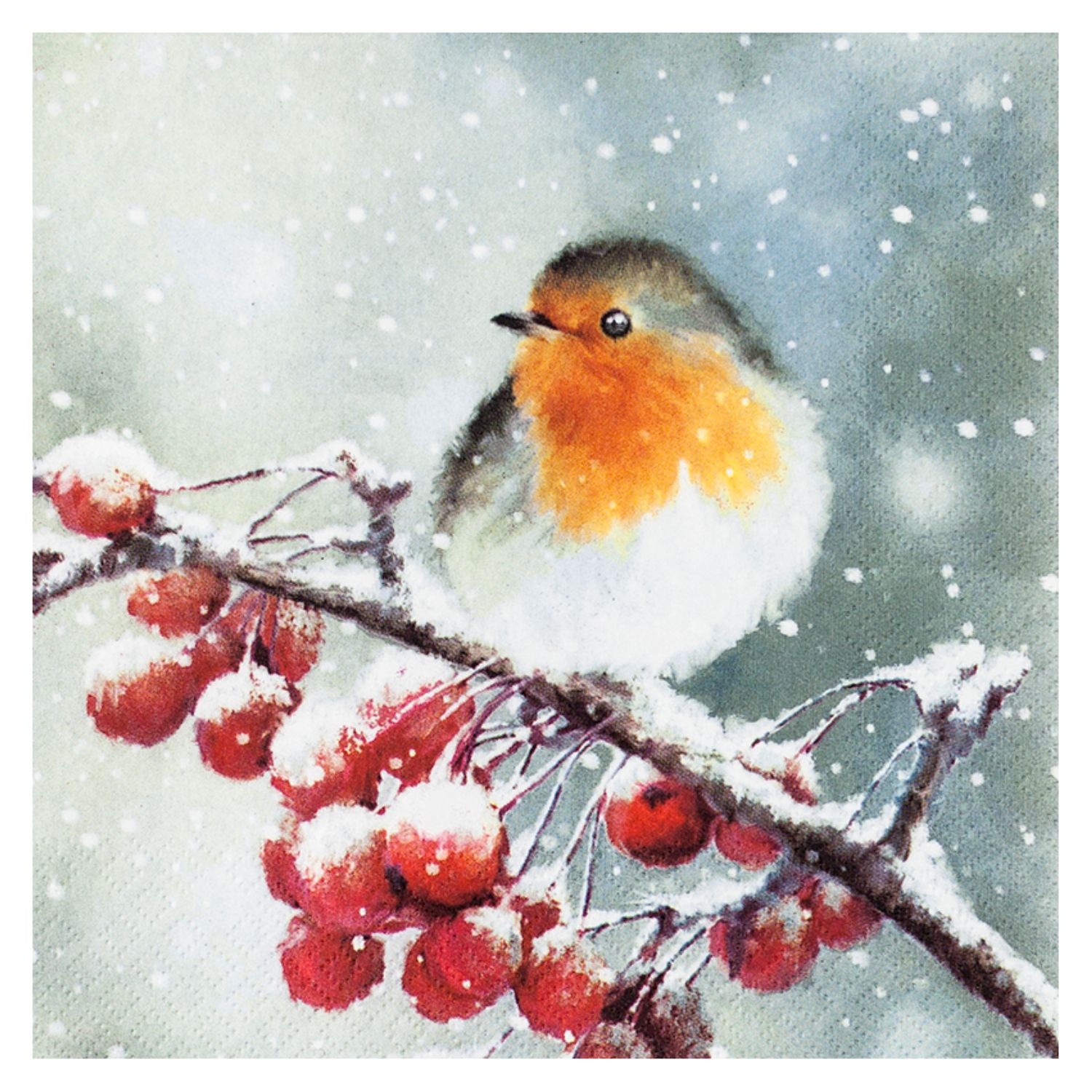Ein Vogel mit orangefarbener Brust sitzt auf einem Ast mit roten Beeren, umgeben von Schneeflocken.