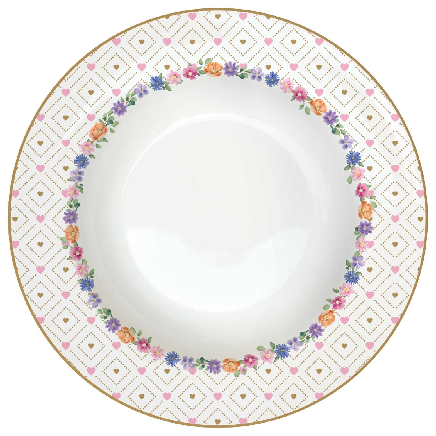 Ein flacher Teller mit einem weißen Innenteil und einem bunten, floral verzierten Rand in Pastellfarben und goldenen Akzenten.