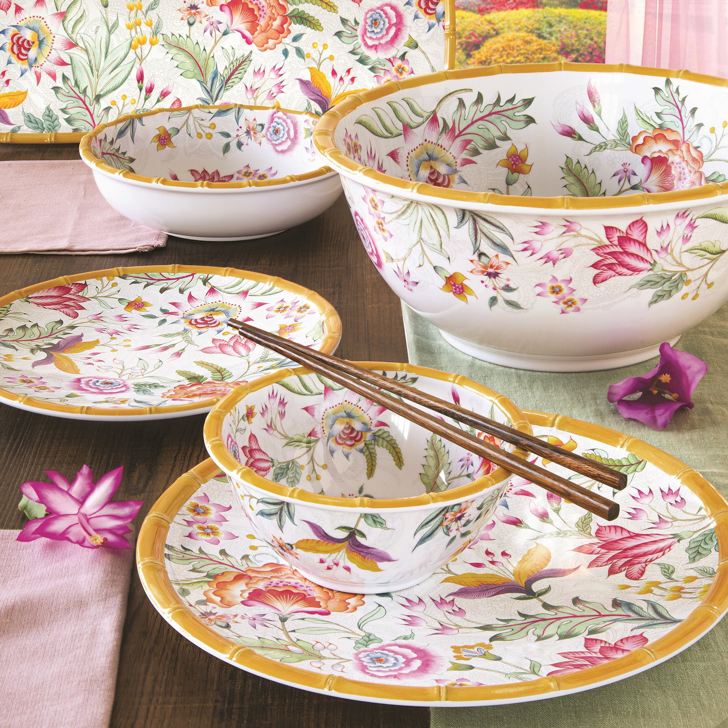 Suppenteller OSAKA Blumen D. 20,5cm weiß rosa bunt aus Melamin Easy Life