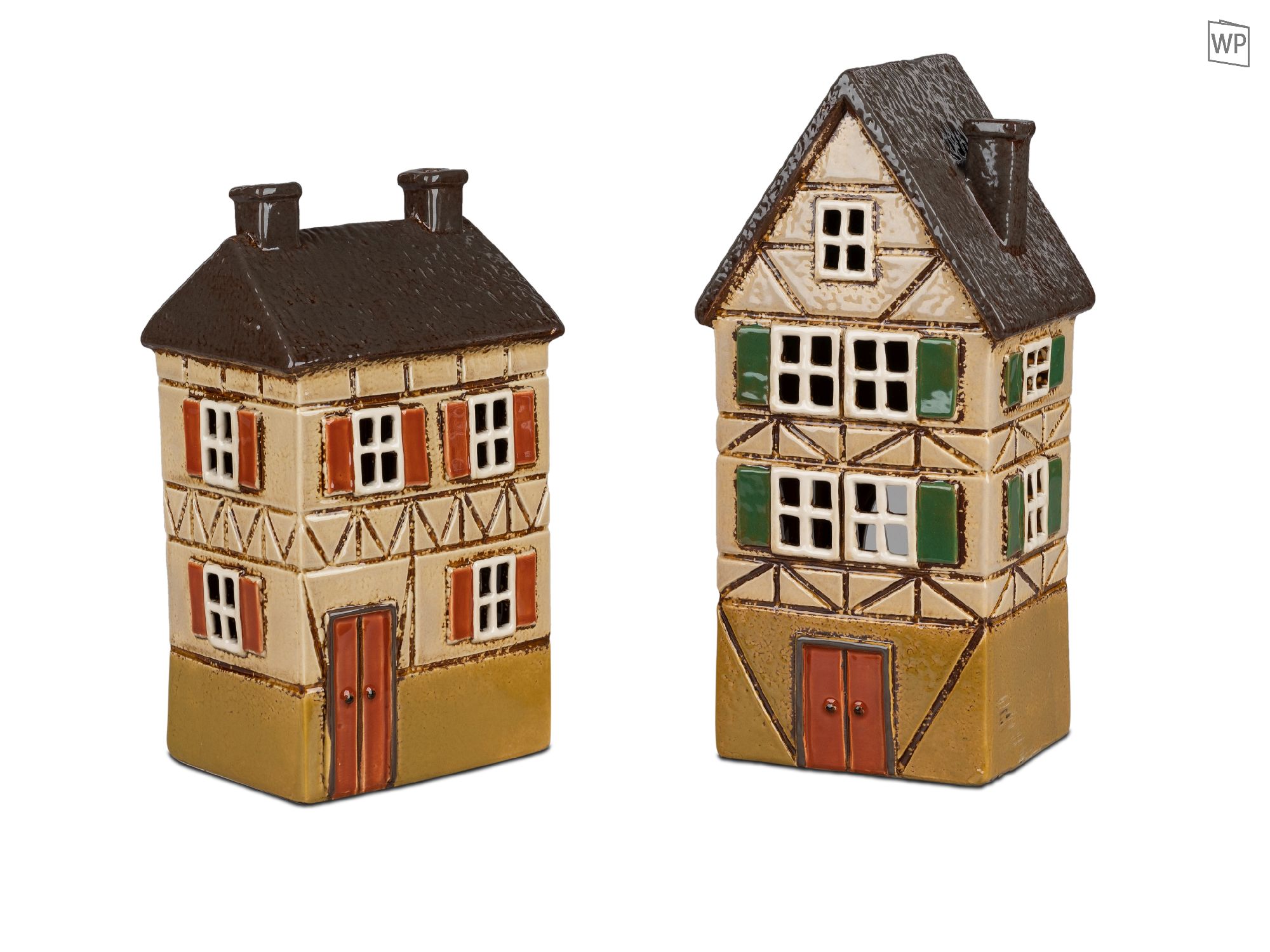 2er Set Teelichthalter Häuser H. 26cm creme braun aus Steinzeug Formano