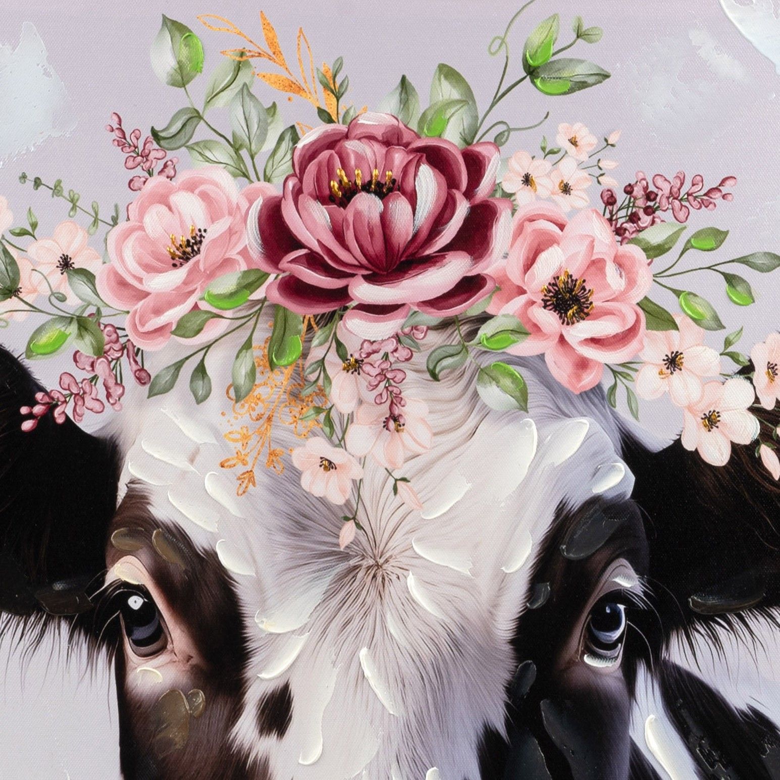 Wandbild schwarz weiße Kuh mit Blumenkranz auf Leinwand 60x60cm von FORMANO