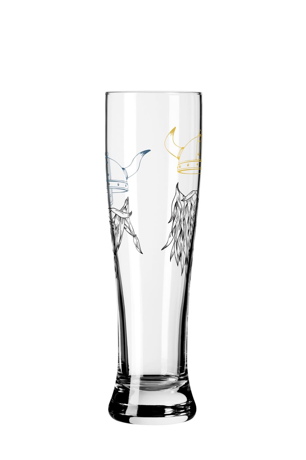 Ein hohes, transparentes Glas mit schwarz- und goldfarbenen Vikingermotiven auf der Oberfläche.