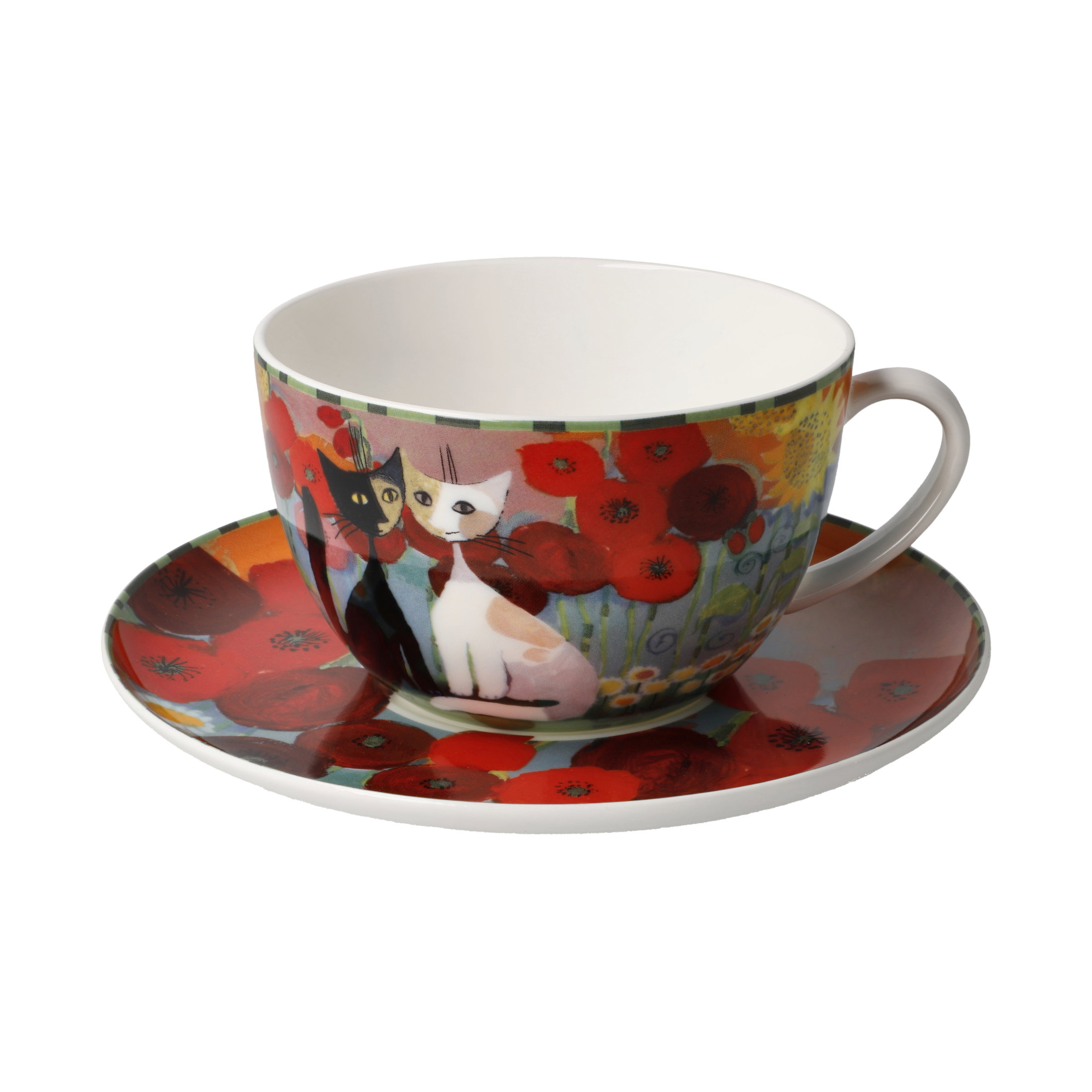 Tasse mit Untertasse, verziert mit bunten Katzenmotiven und roten Mohnblumen auf einem hellen Hintergrund.