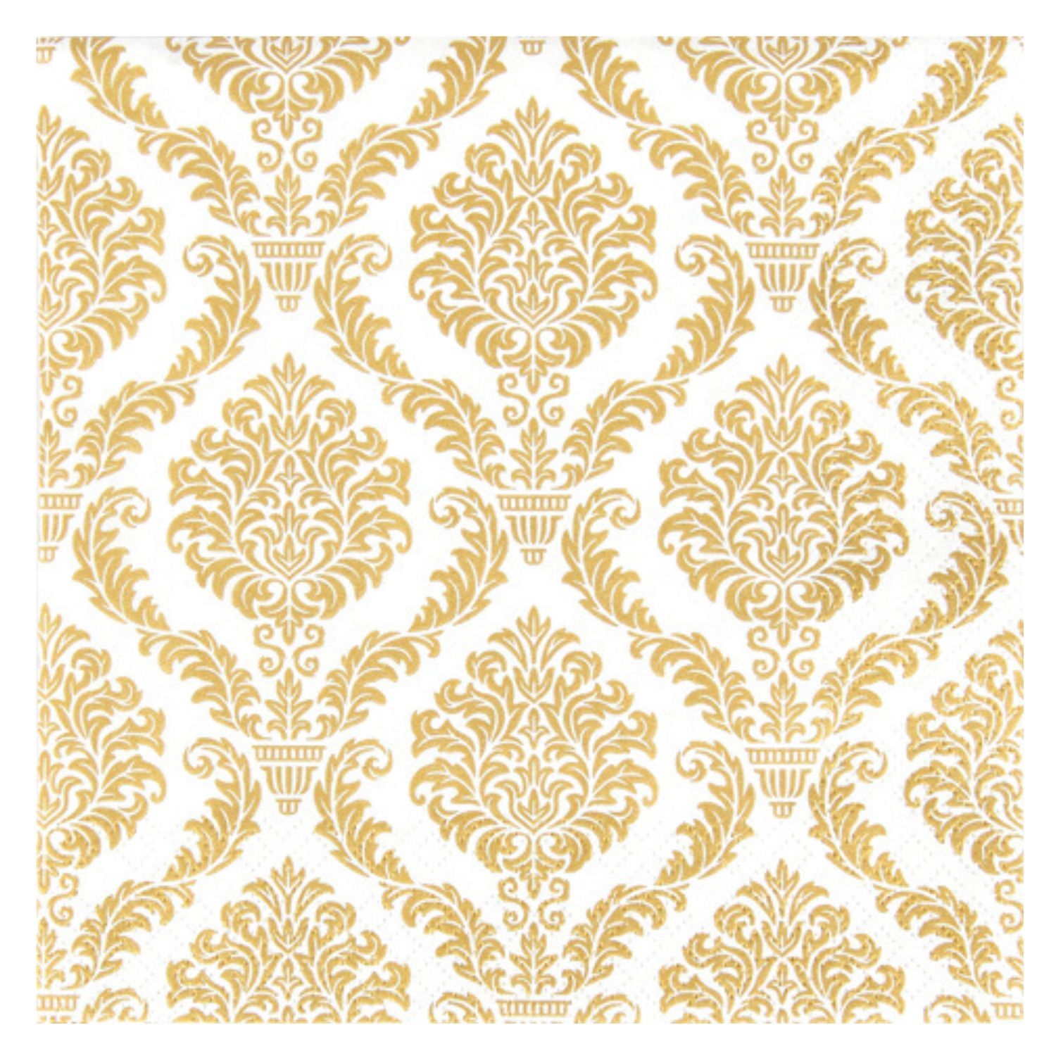 Muster mit goldenen, ornamentalen Motiven auf weißem Hintergrund, symmetrisch angeordnet.