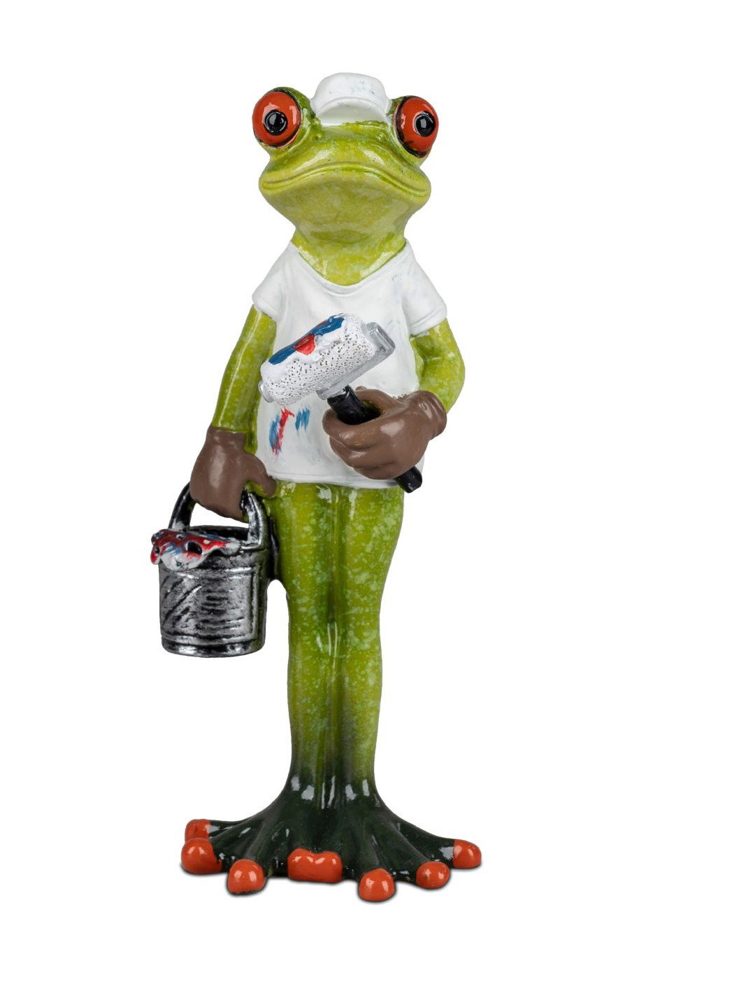 Eine grüne Froschfigur trägt ein weißes T-Shirt und hält einen Farbroller sowie einen Eimer in der H