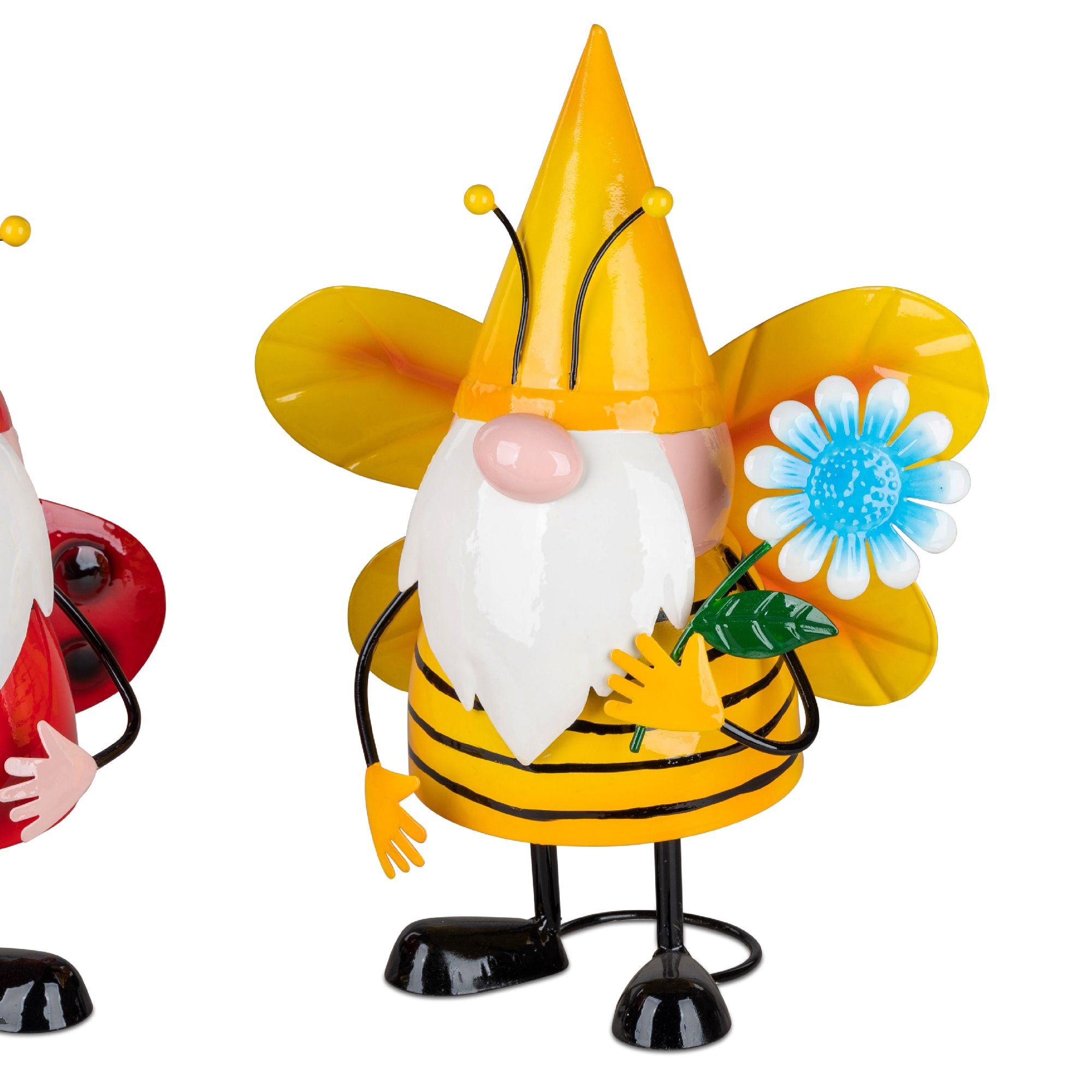Zwei bunte Figuren: eine rote Marienkäferfigur und eine gelbe Bienenfigur mit Blume in der Hand. Beide haben große Flügel.