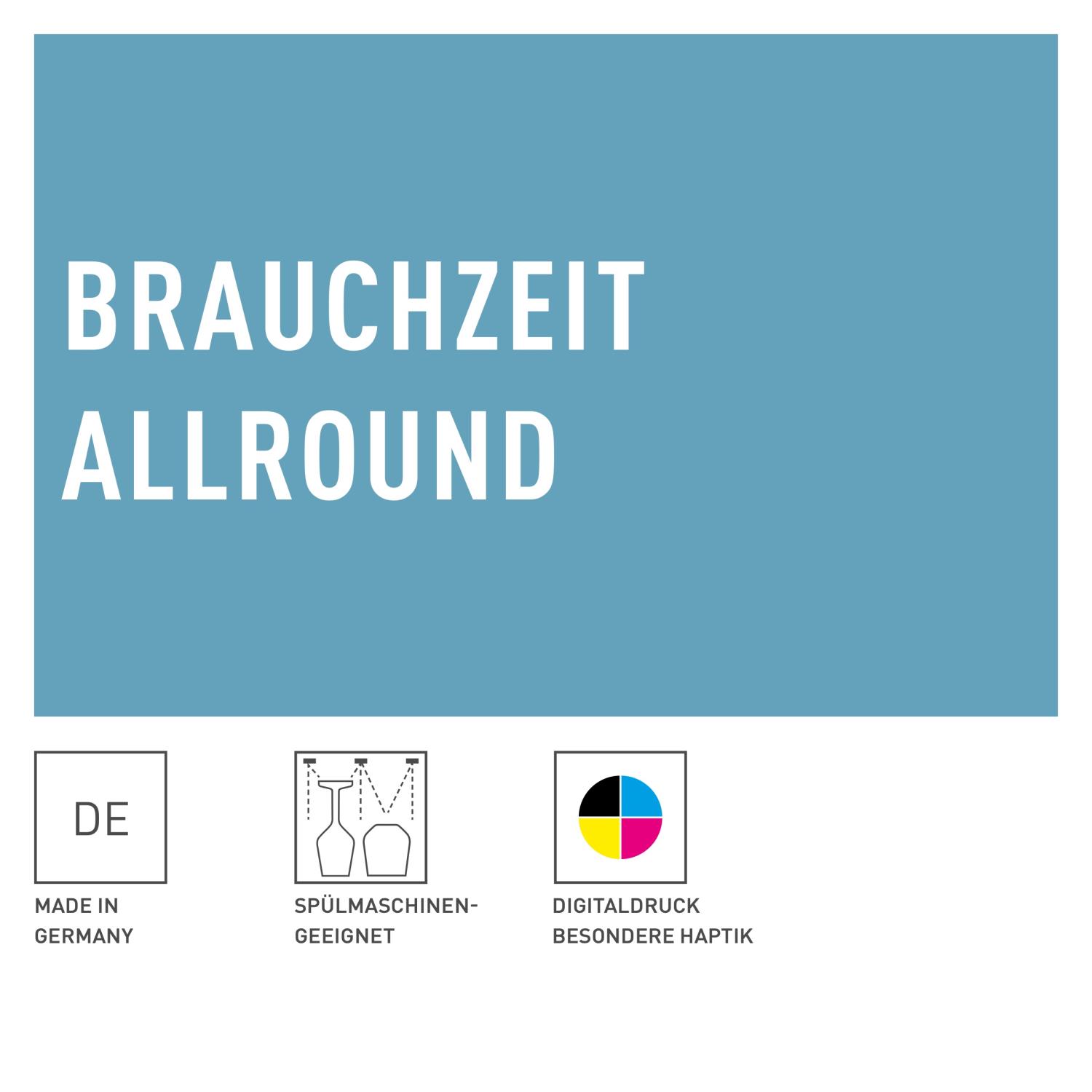 Text auf blauem Hintergrund: "BRAUCHZEIT ALLROUND". Icons für "Made in Germany", "Spülmaschinen geeignet", "Digitaldruck, besondere Haptik".