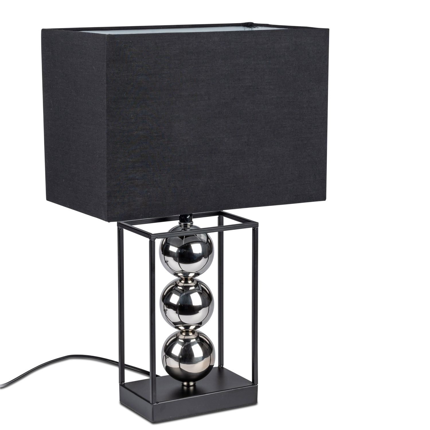 Tischlampe mit schwarzem Lampenschirm und drei metallischen Kugeln als Fuß
