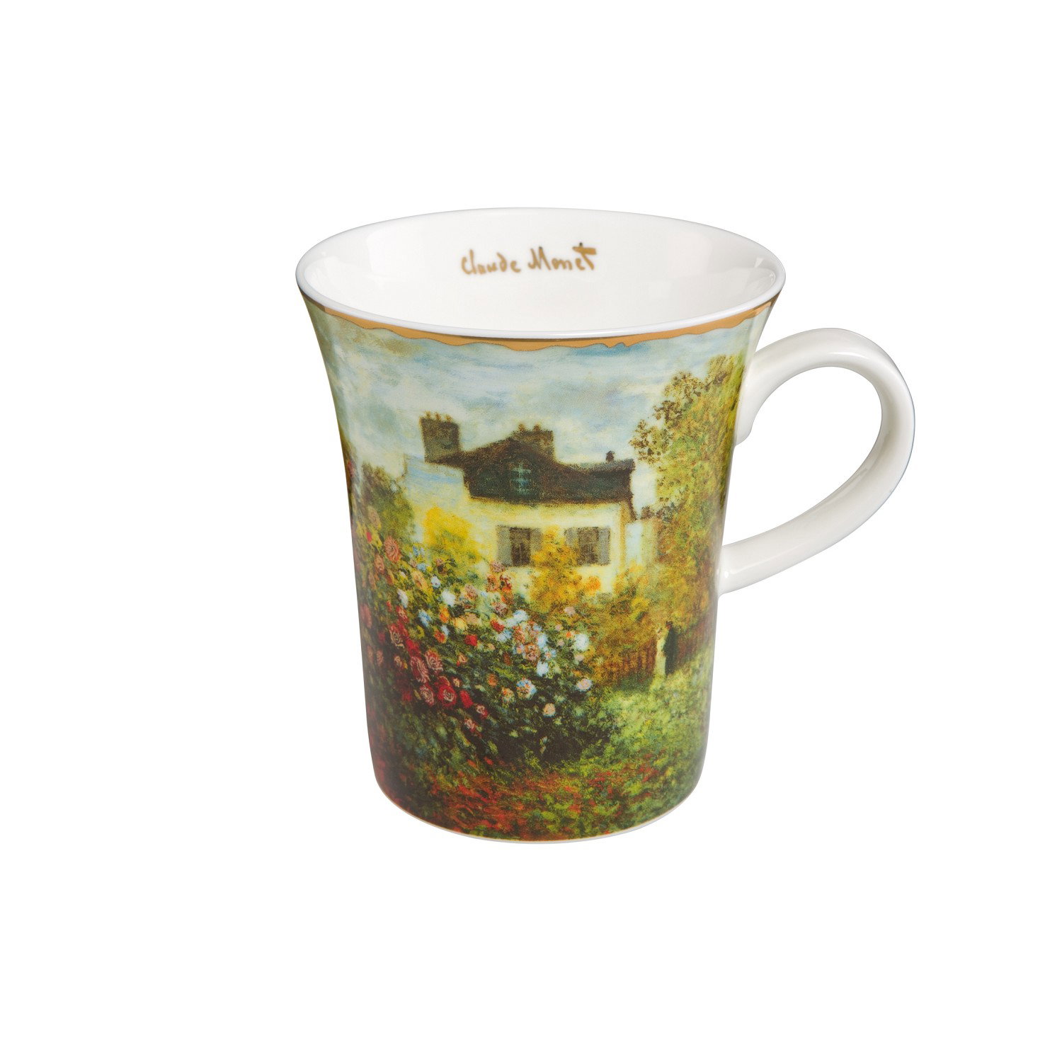 Tasse mit einem bunten Blumenmotiv und einem abgebildeten Haus im Hintergrund. Auf der Innenseite st
