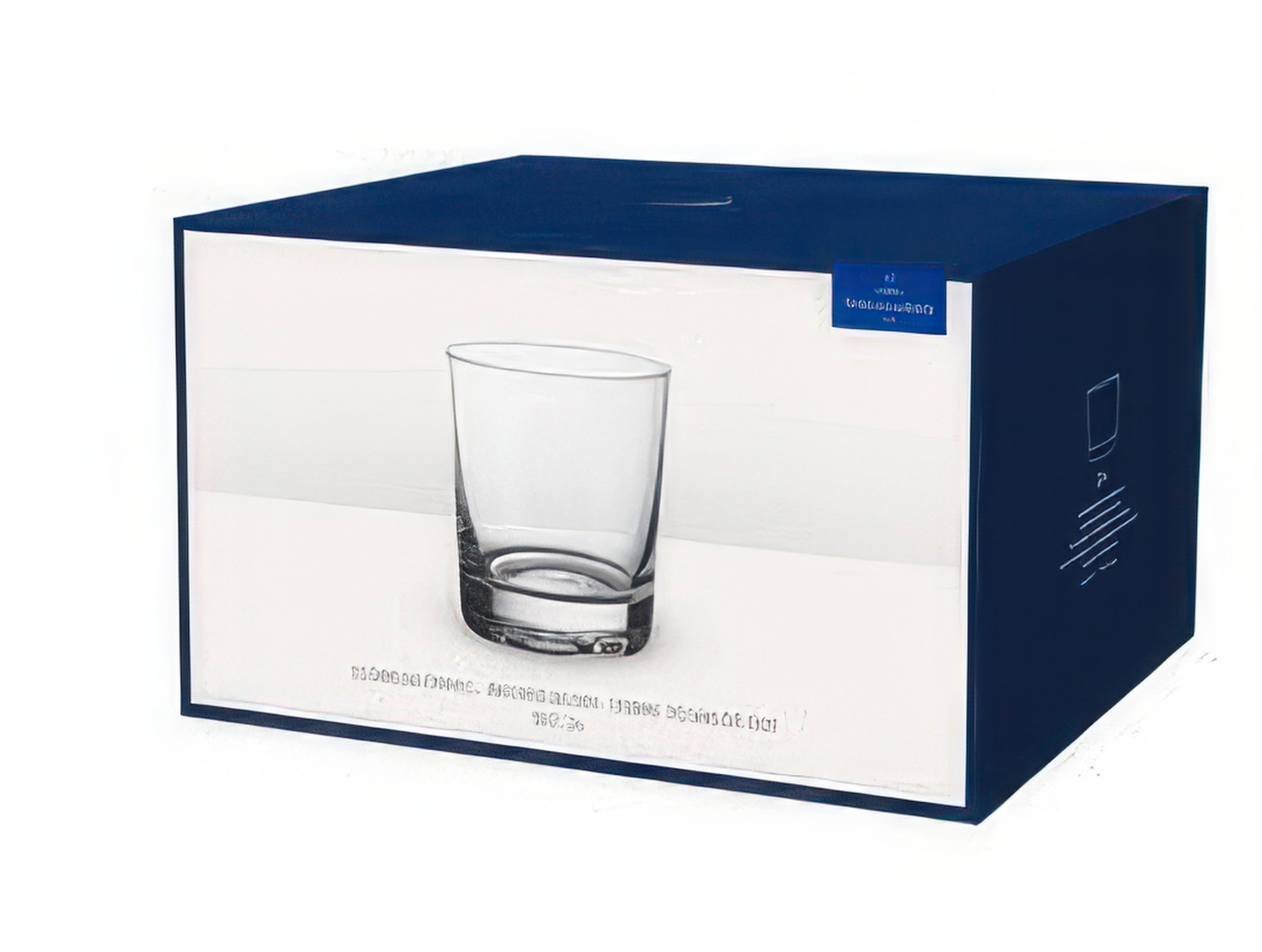 Eine blaue Verpackung zeigt ein transparentes Glas mit einem geraden Rand und einem stabilen Boden.