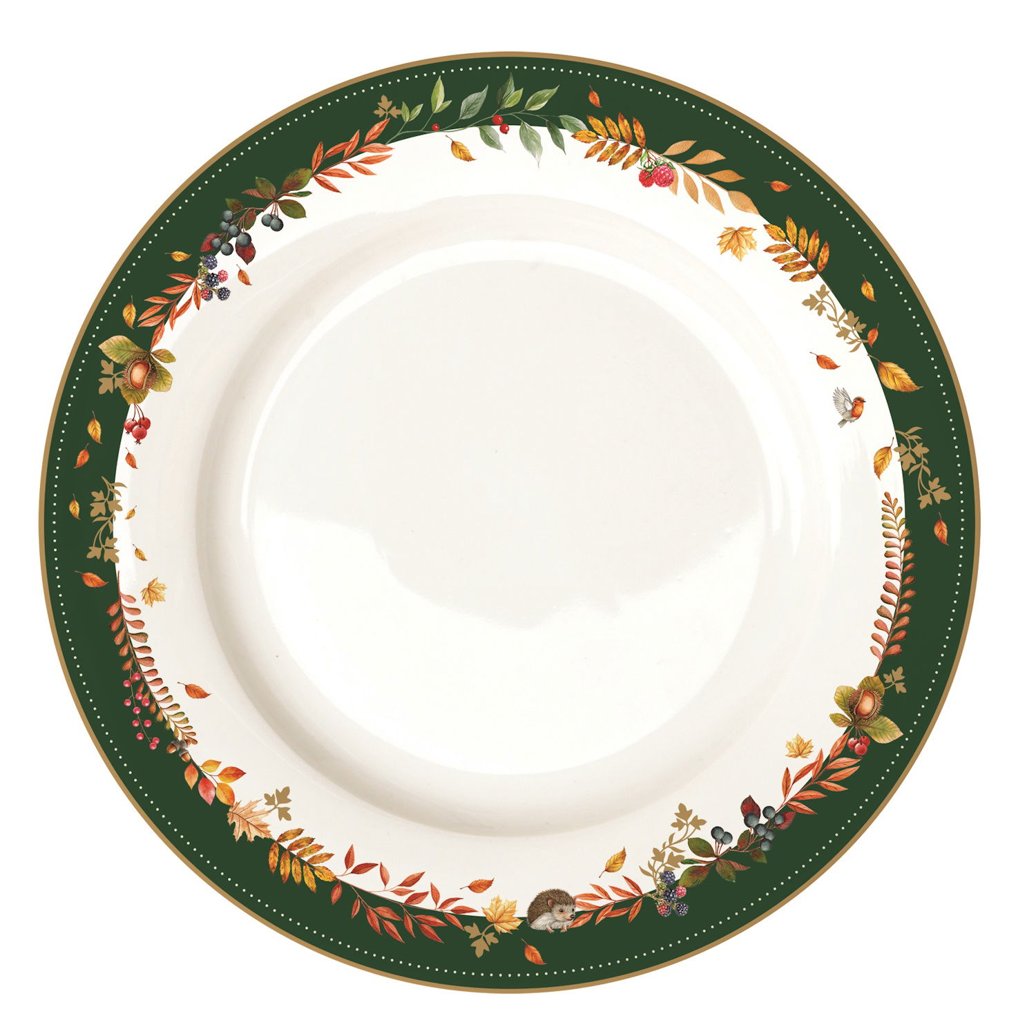 Speiseteller mit grünem Rand und bunten, herbstlichen Pflanzenmotiven