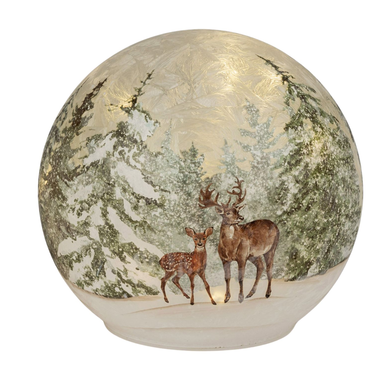 Kugel mit Wintermotiv: Hirsch und Reh im verschneiten Wald vor Tannen