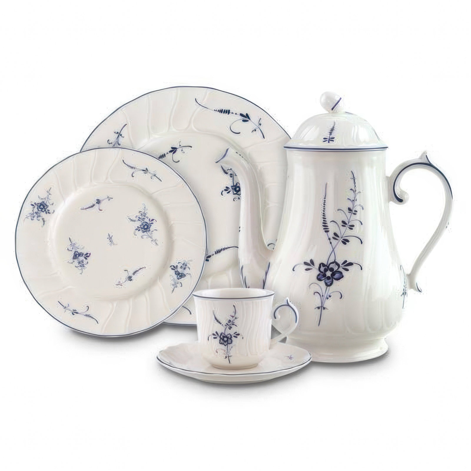 Ein Set aus weißem Porzellan mit blauen Blumenmustern, bestehend aus einer Kaffeekanne, Tassen und Tellern.