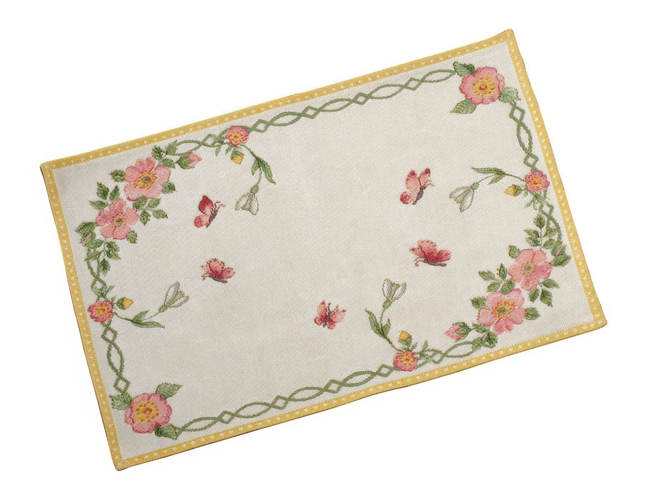 Ein rechteckiger Teppich mit floralen Motiven in Rosa und Gelb sowie Schmetterlingen auf hellem Hintergrund.