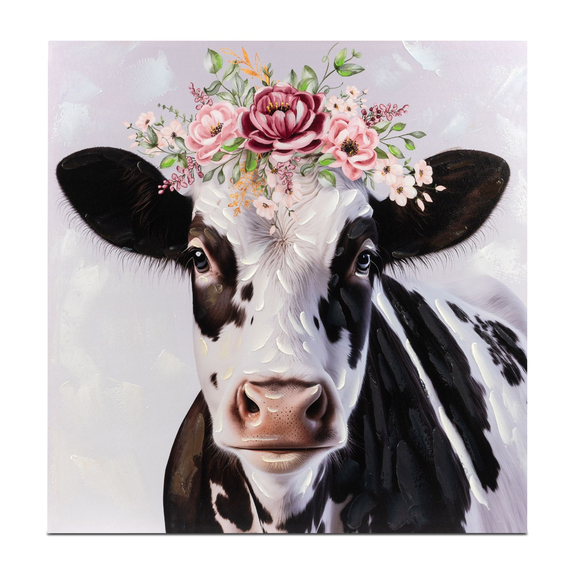 Wandbild schwarz weiße Kuh mit Blumenkranz auf Leinwand 60x60cm von FORMANO