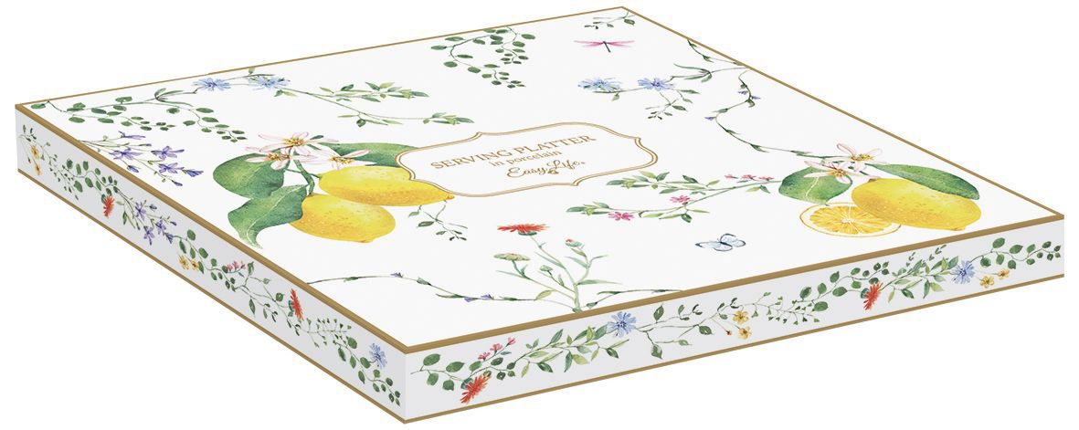 Dekorative Verpackung eines Servierplatten-Sets mit Zitronen und Blumenmotiven auf weißem Hintergrund.