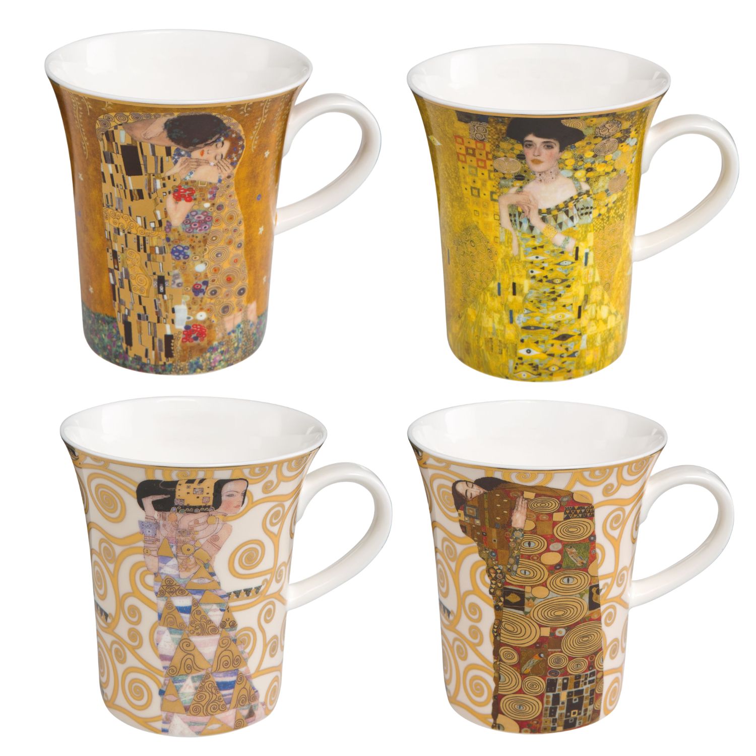 4 weiße Becher mit den Motiven Der Kuss, Adele Bloch-Bauer, Die Erwartung + Die Erfüllung von Klimt