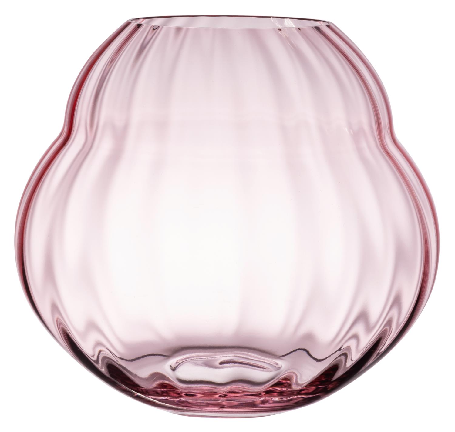 Runde, pinkfarbene Glasvase mit wellenförmiger Struktur und breiter Öffnung. Transparent und glänzend.
