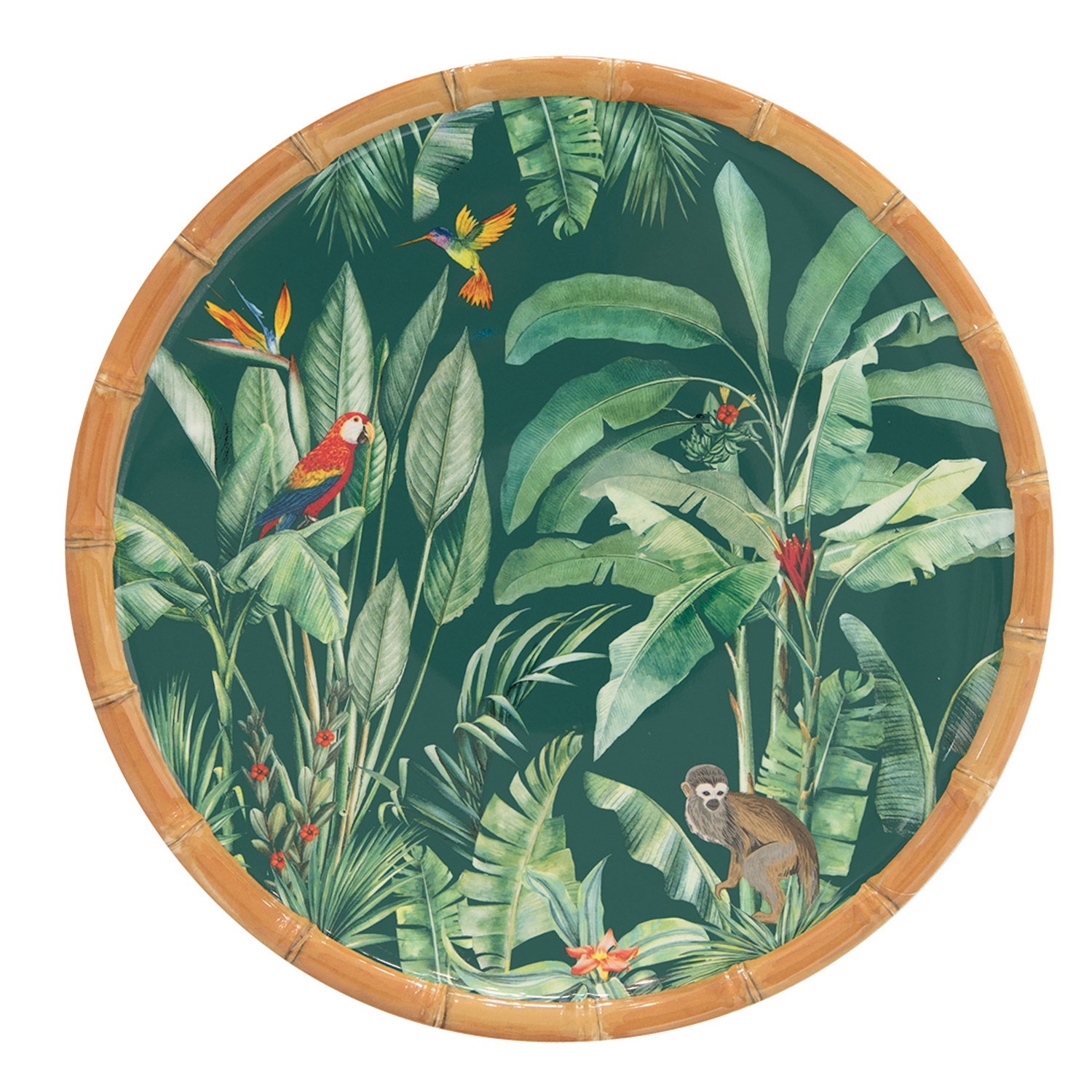Runder Teller mit tropischem Motiv: bunte Vögel, ein Affe und grüne Blätter auf dunklem Hintergrund.