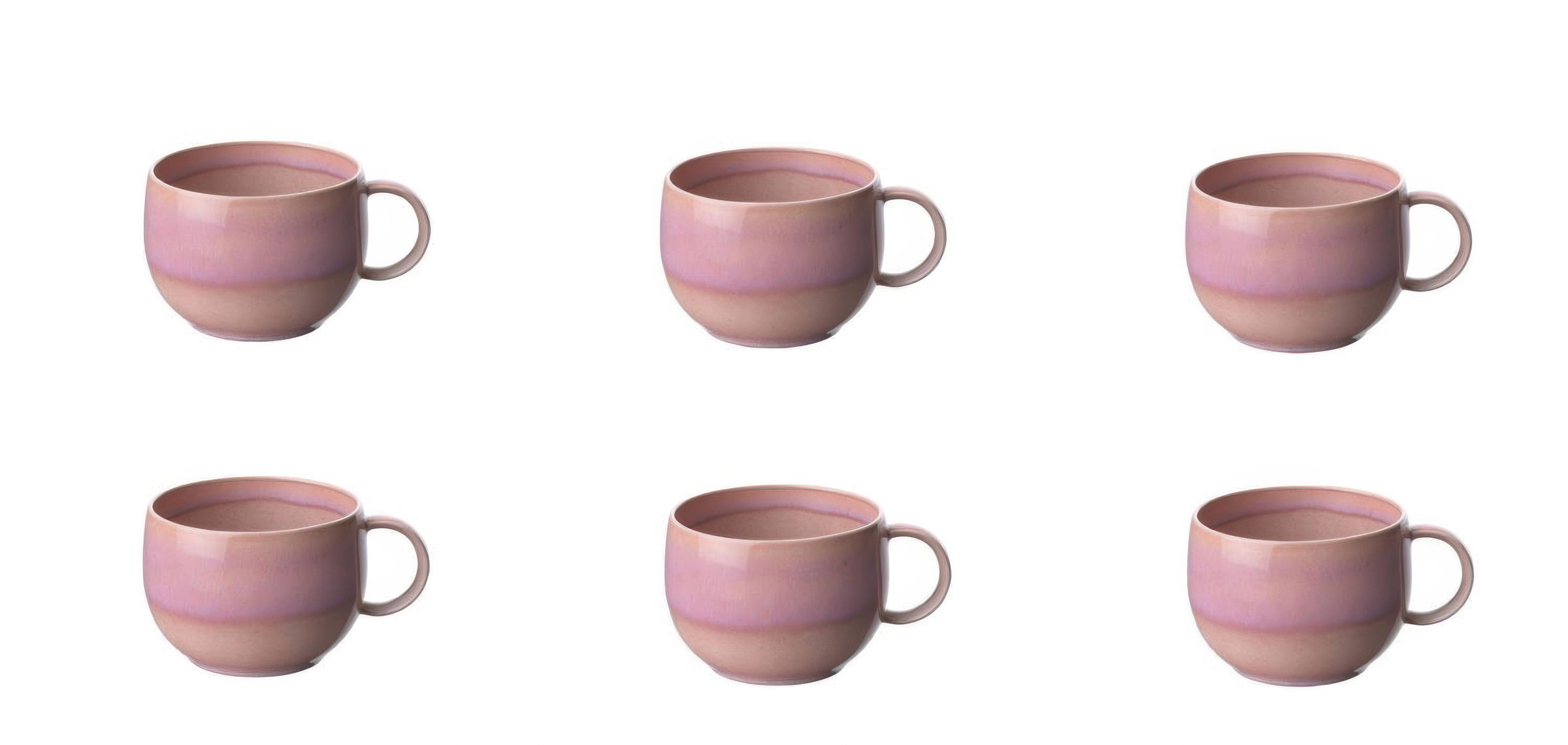 Sechs Tassen in sanften Rosa- und Lilatönen, gleichmäßig angeordnet in zwei Reihen. Jede Tasse hat einen Henkel.