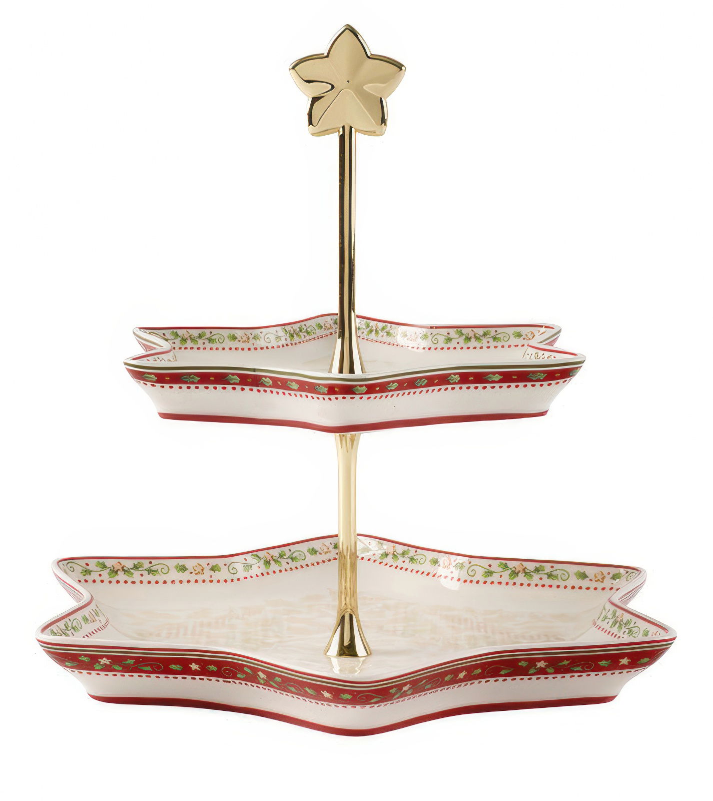 Zweistöckiger Tellerständer in Sternform, mit goldener Halterung und dekorativem Rand in Rot und Grün.