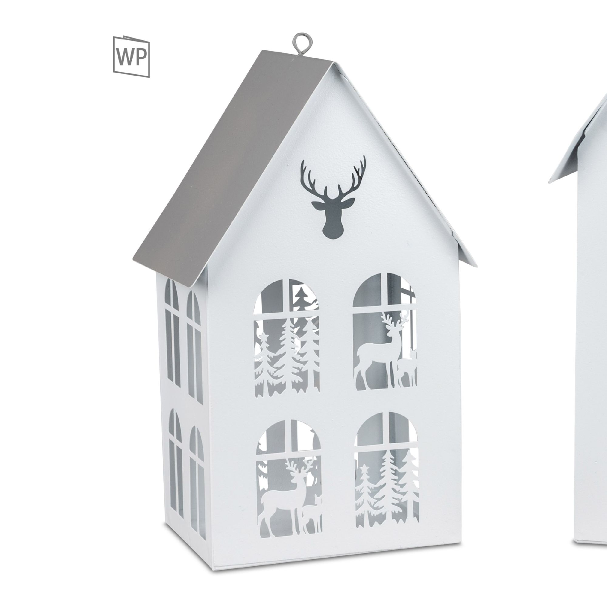 Dekorative Laterne in Form eines Hauses, weiß mit grauem Dach, mit durchbrochenen Motiven von Rehen