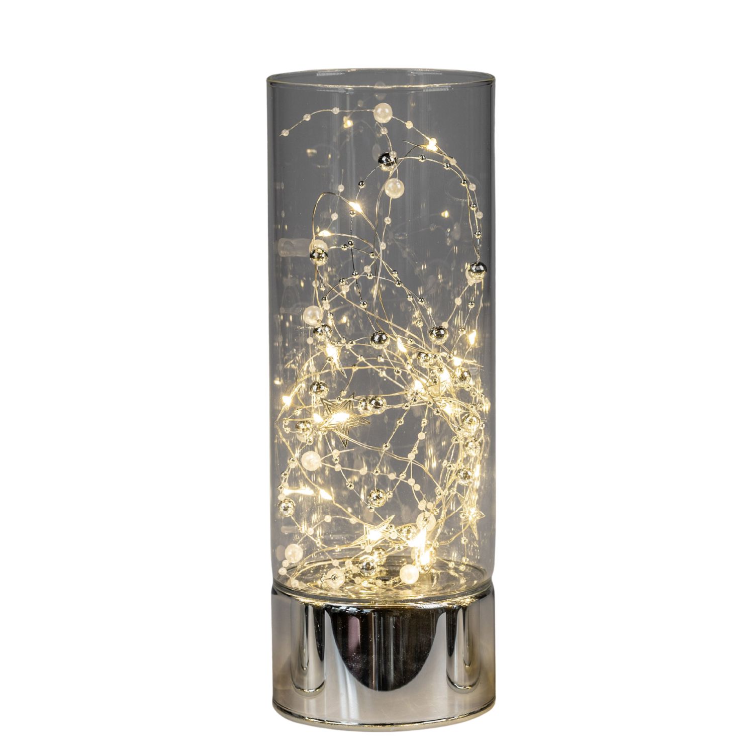 Zylindrische Glaslampe mit warmweißen Lichterketten und Perlen auf silbernem Sockel