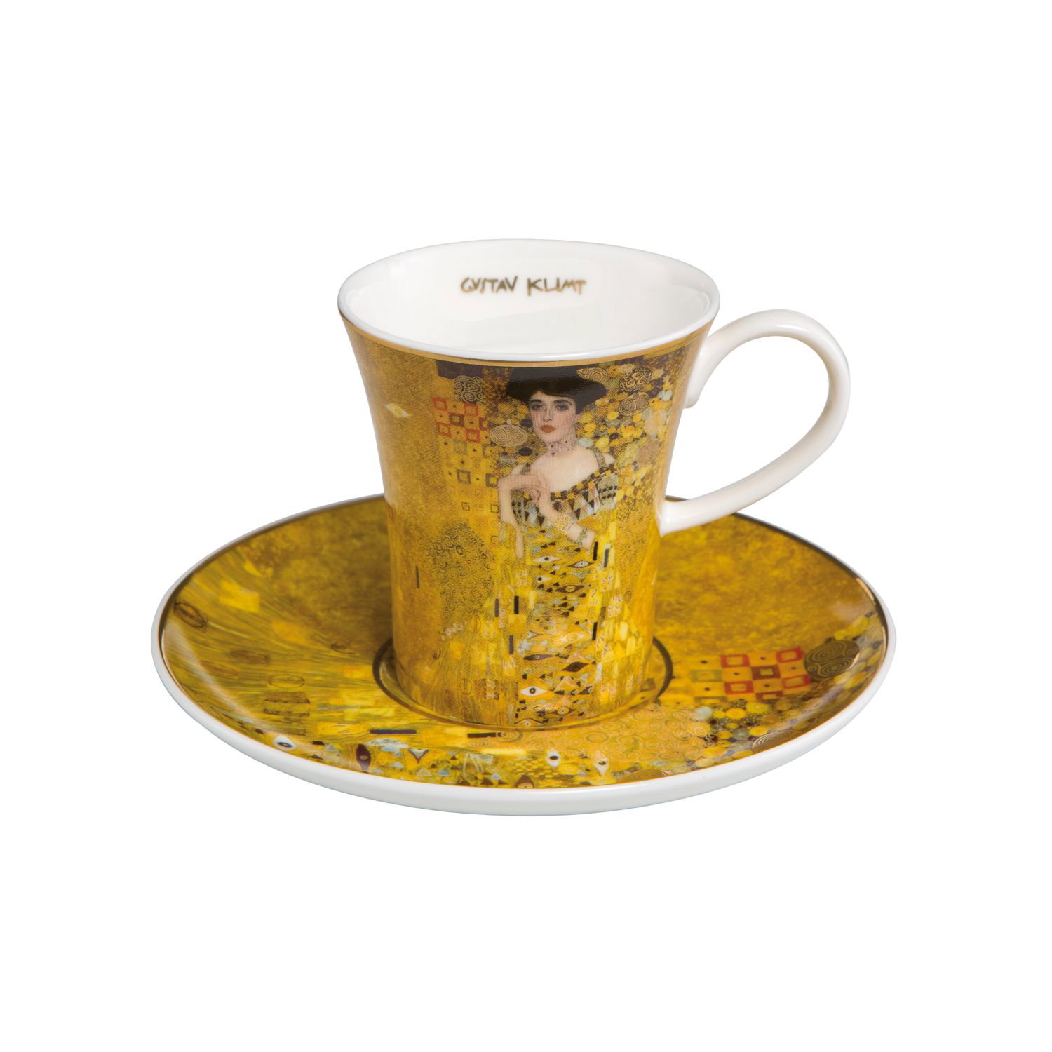 Gelbe Kaffeetasse mit passender Untertasse, beide mit Porträtmotiv verziert