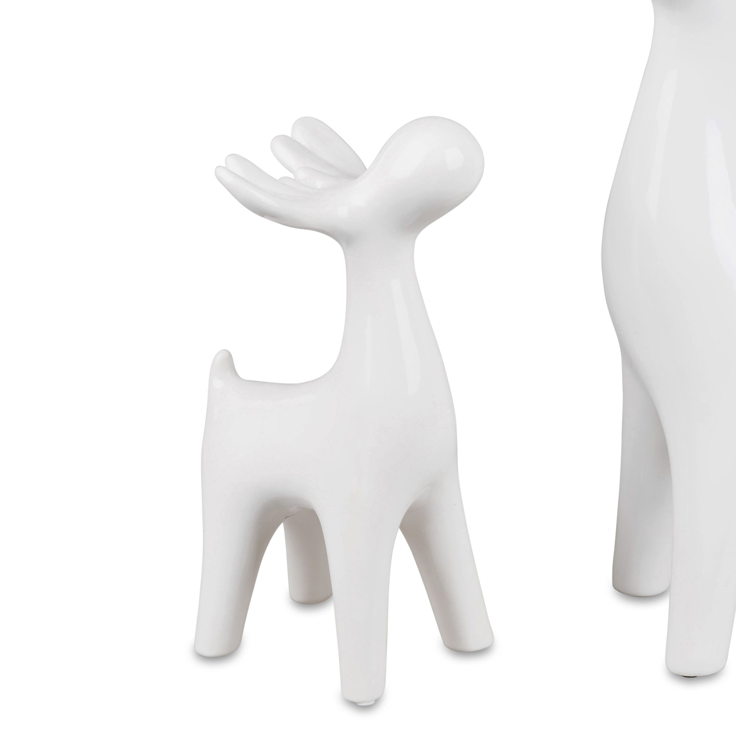 Zwei weiße, stilisierte Figuren eines Rentiers, eine kleiner und eine größer, mit abgerundeten Forme