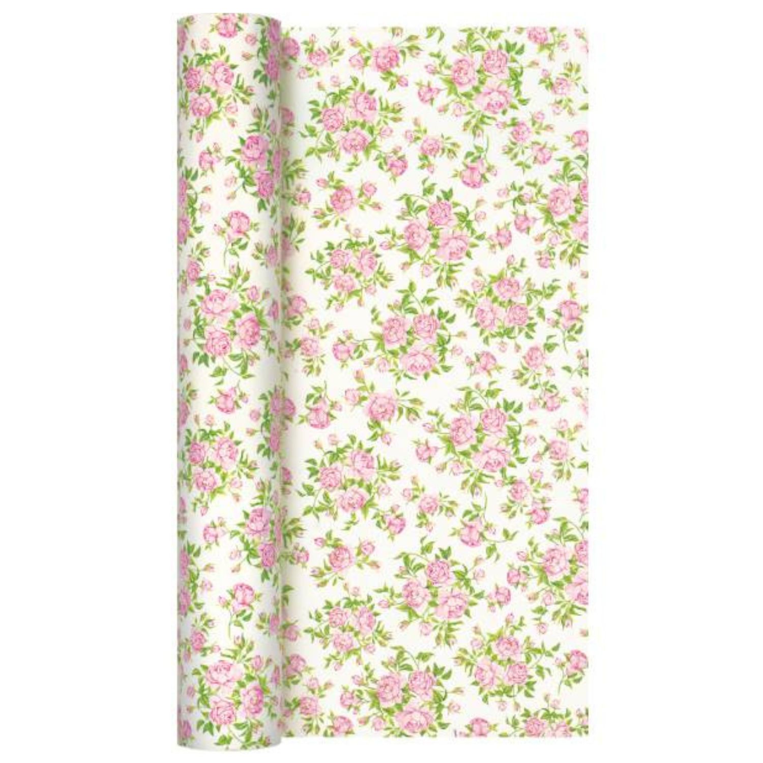 Muster mit kleinen rosa Blumen auf weißem Hintergrund, umgeben von grünen Blättern. Zwei Rollen sind sichtbar.