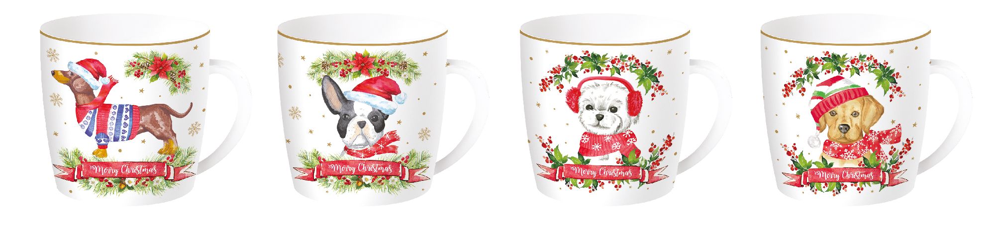 Vier Tassen mit weihnachtlichen Motiven von Hunden in verschiedenen Weihnachtsoutfits und Dekorationen.
