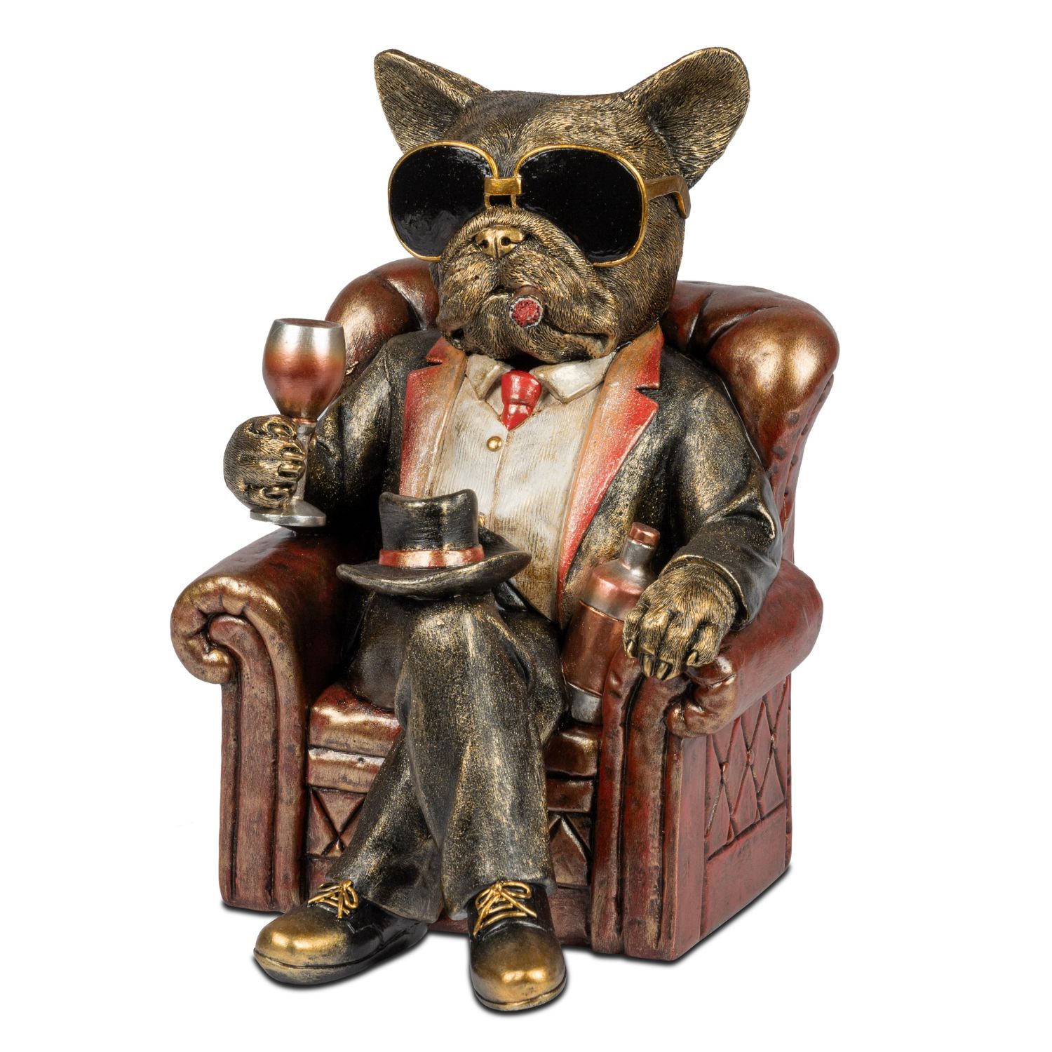 Dekofigur Bulldogge mit Anzug und Cocktail im Sessel H. 27cm Kunststein Formano