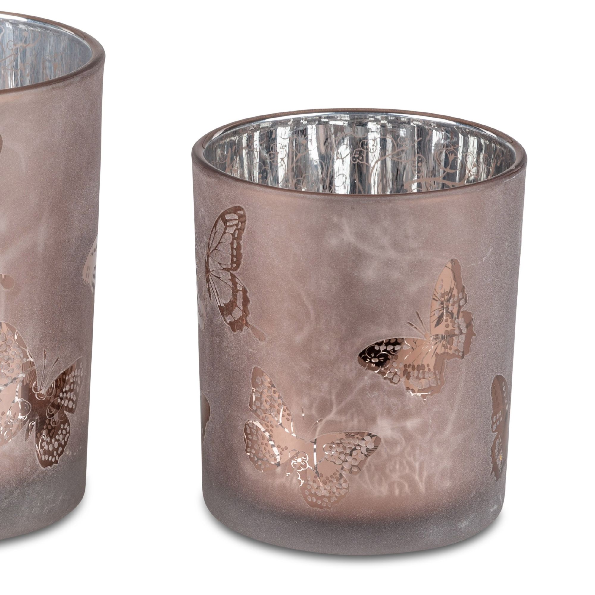 Teelichthalter Windlicht Schmetterlinge Höhe 10cm rosa silber aus Glas von FORMANO