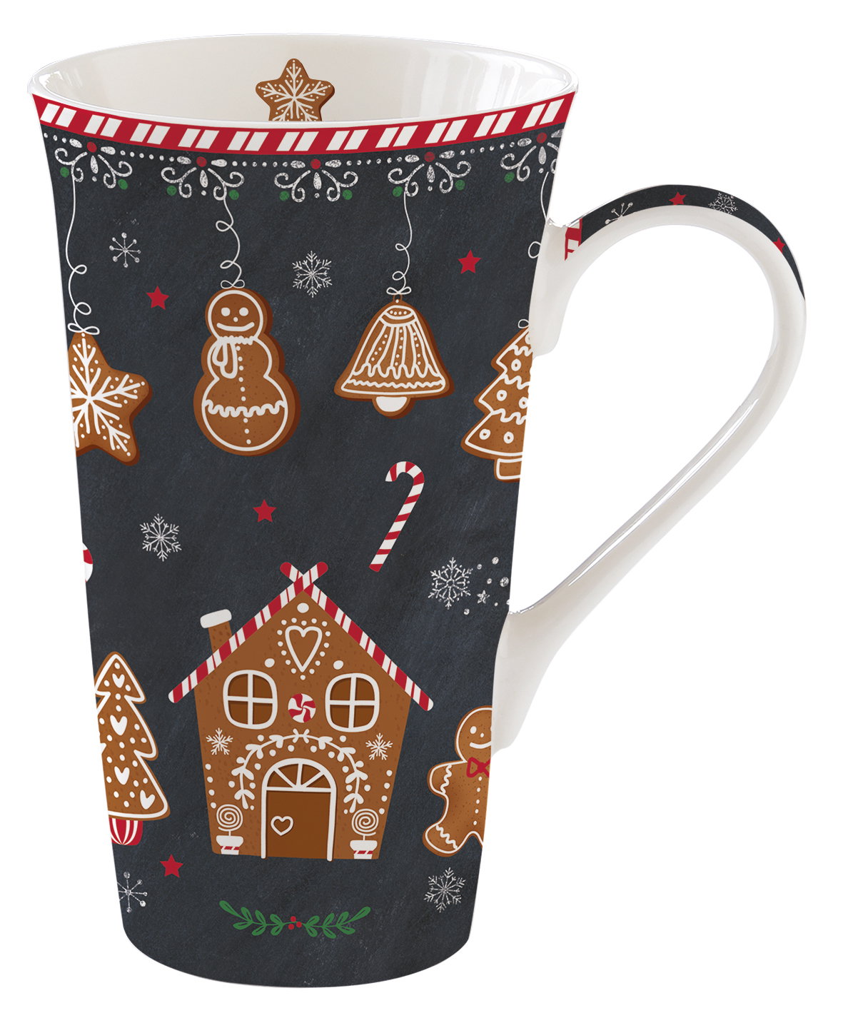 Eine hohe Tasse mit weihnachtlichem Motiv: Lebkuchen, Schneemann, Glocke, Tannenbaum und Schneeflocken auf dunklem Hintergrund.