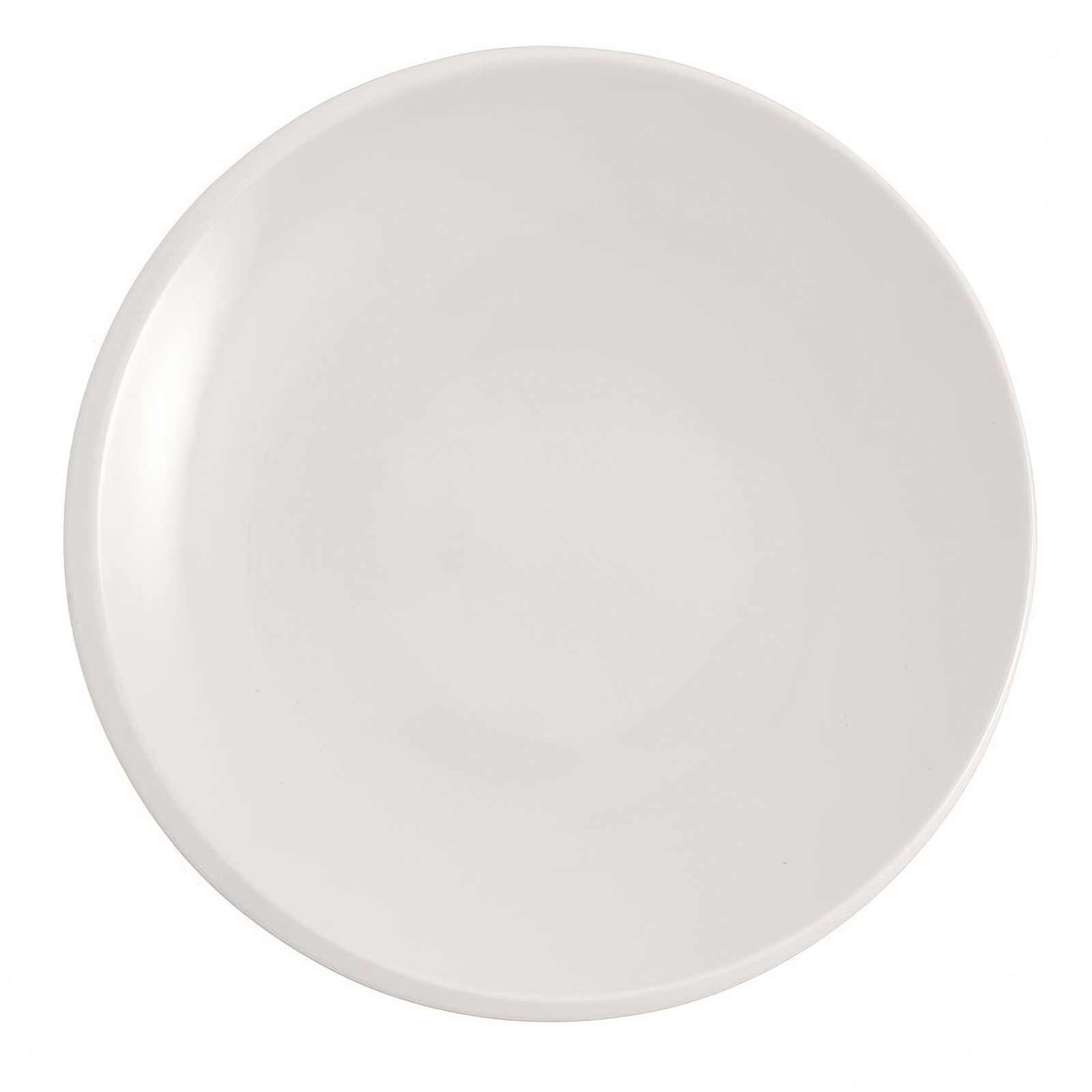 Ein runder, flacher Teller in hellem Weiß ohne Muster oder Verzierungen.