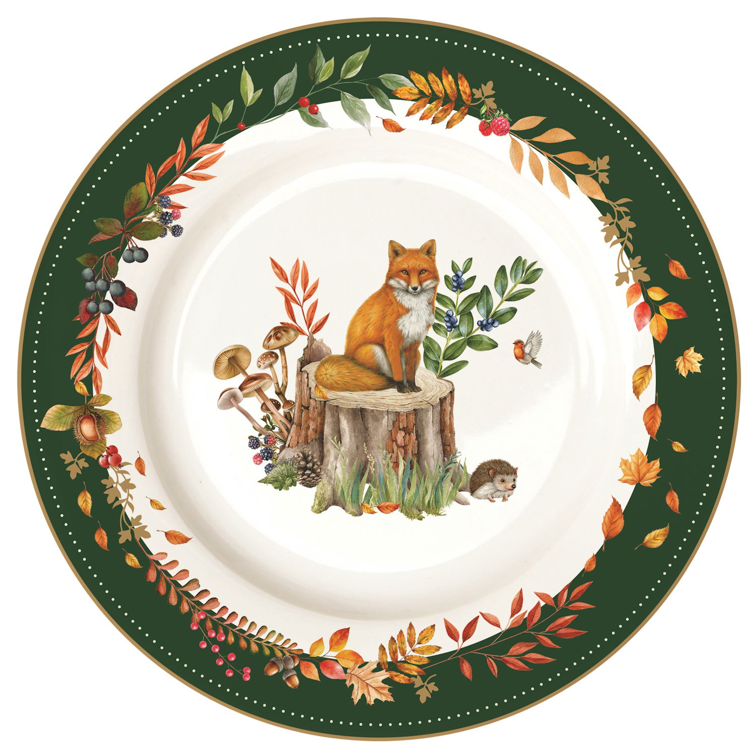 Ein Teller mit einem Fuchs auf einem Baumstumpf und bunten Blättern und Pflanzen
