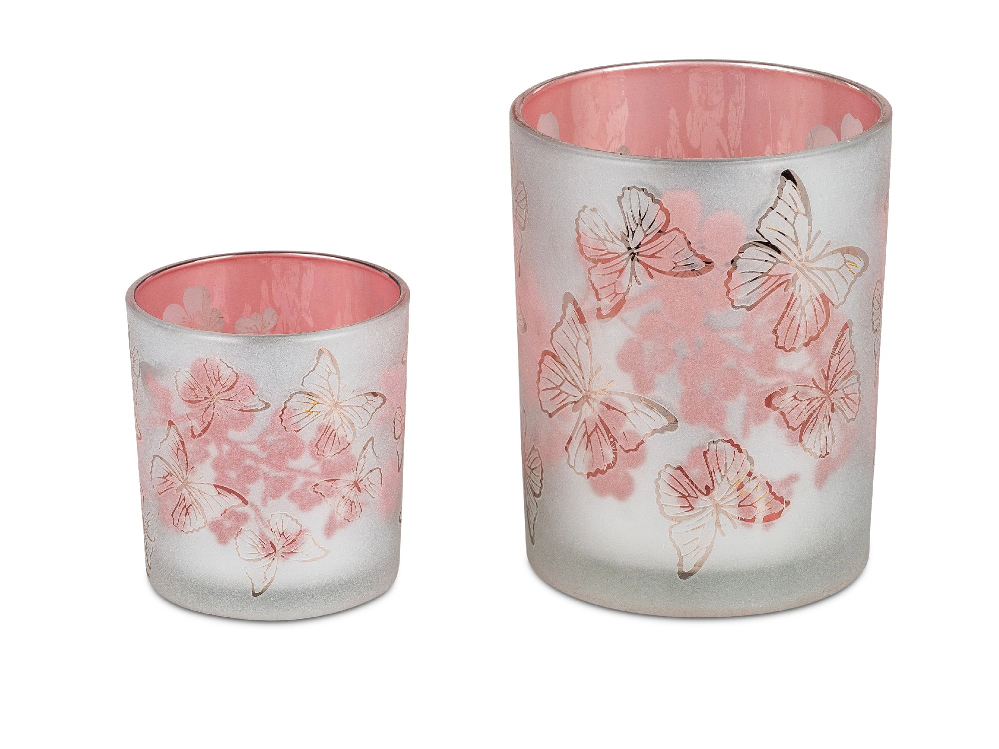 Teelichthalter, Windlicht BLUMEN und Schmetterlinge Höhe 12cm rosa, von Formano