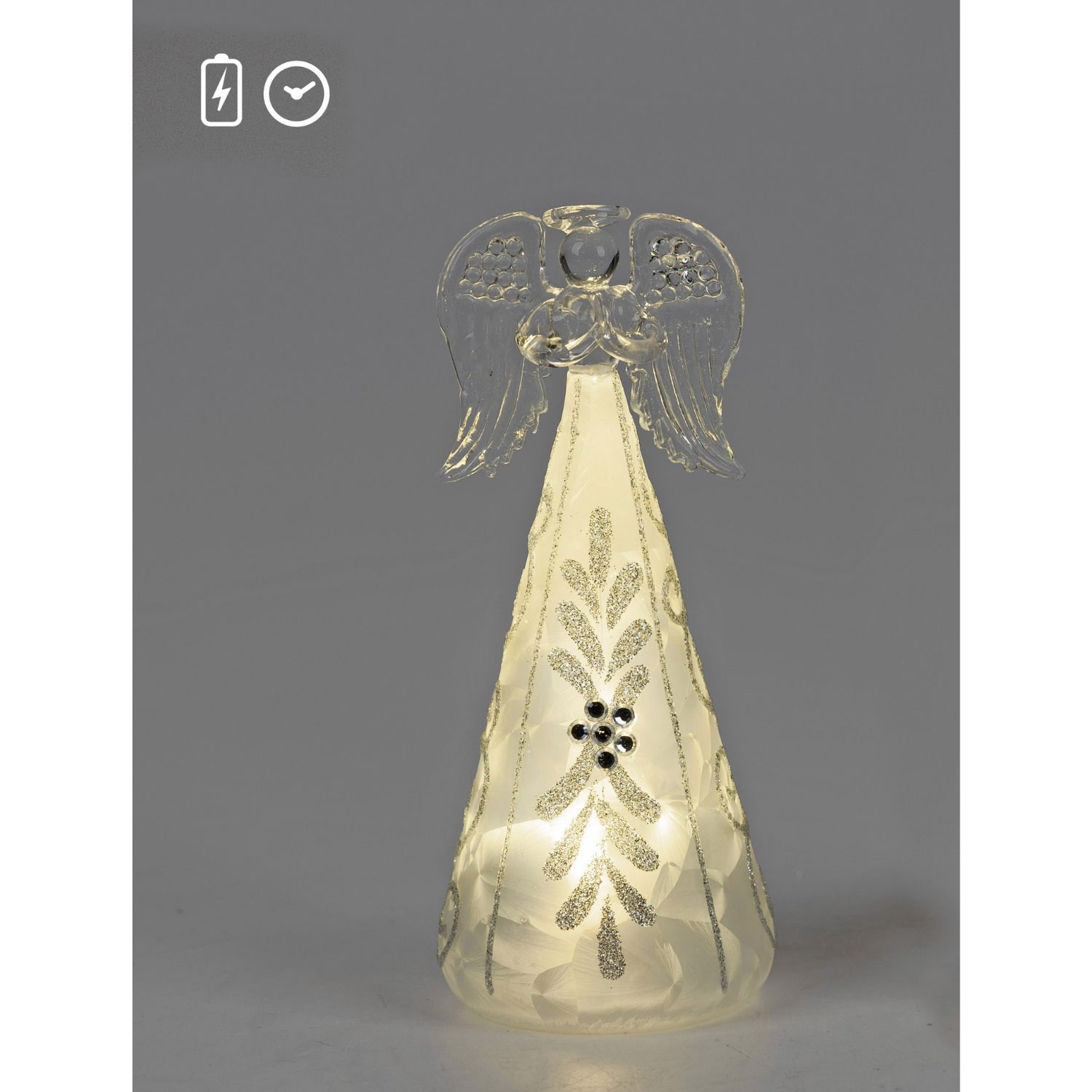 Leuchtende Glasfigur eines Engels mit glitzerndem Muster vor grauem Hintergrund