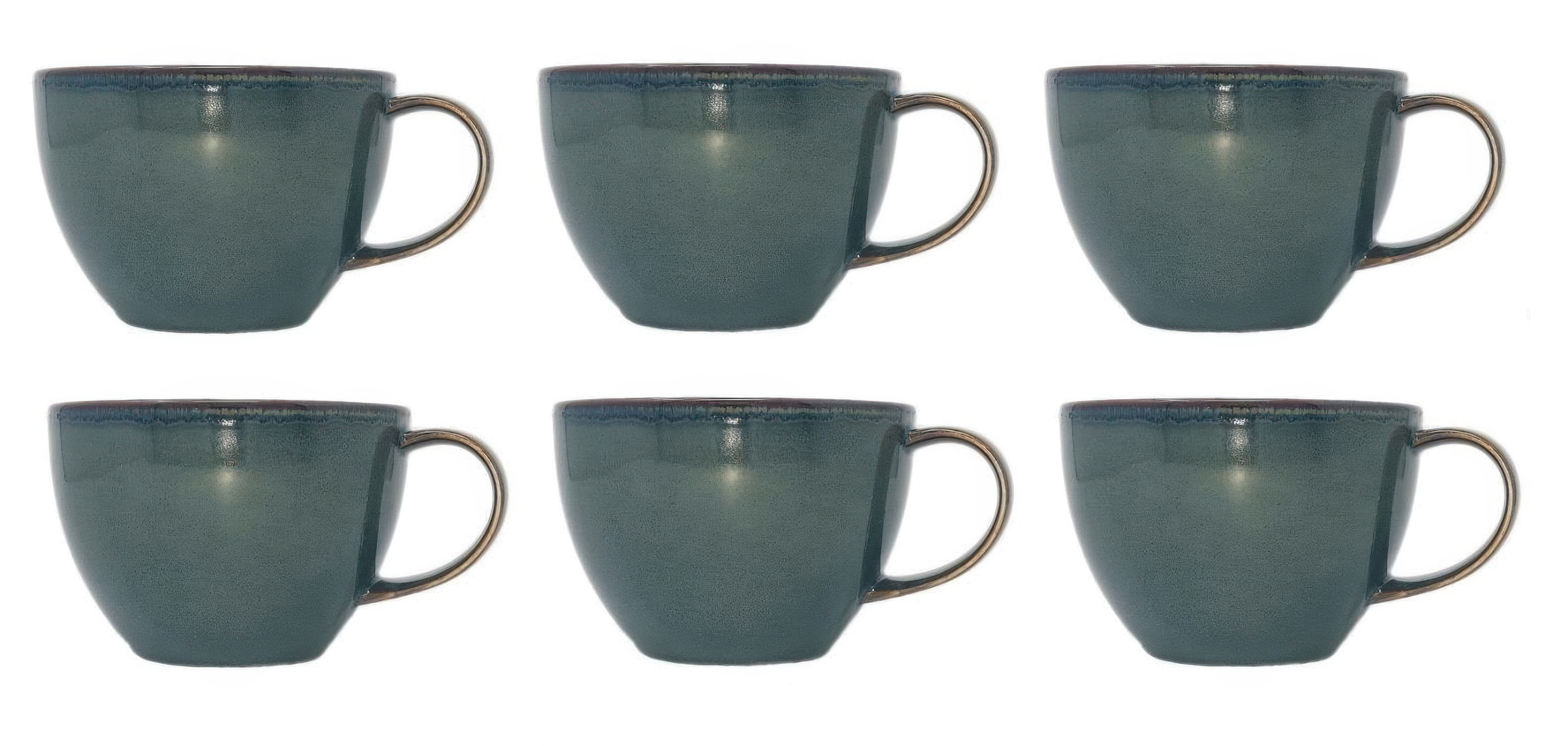 Sechs grüne Tassen mit Henkel, gleichmäßig angeordnet in zwei Reihen. Die Tassen haben eine matte Oberfläche.