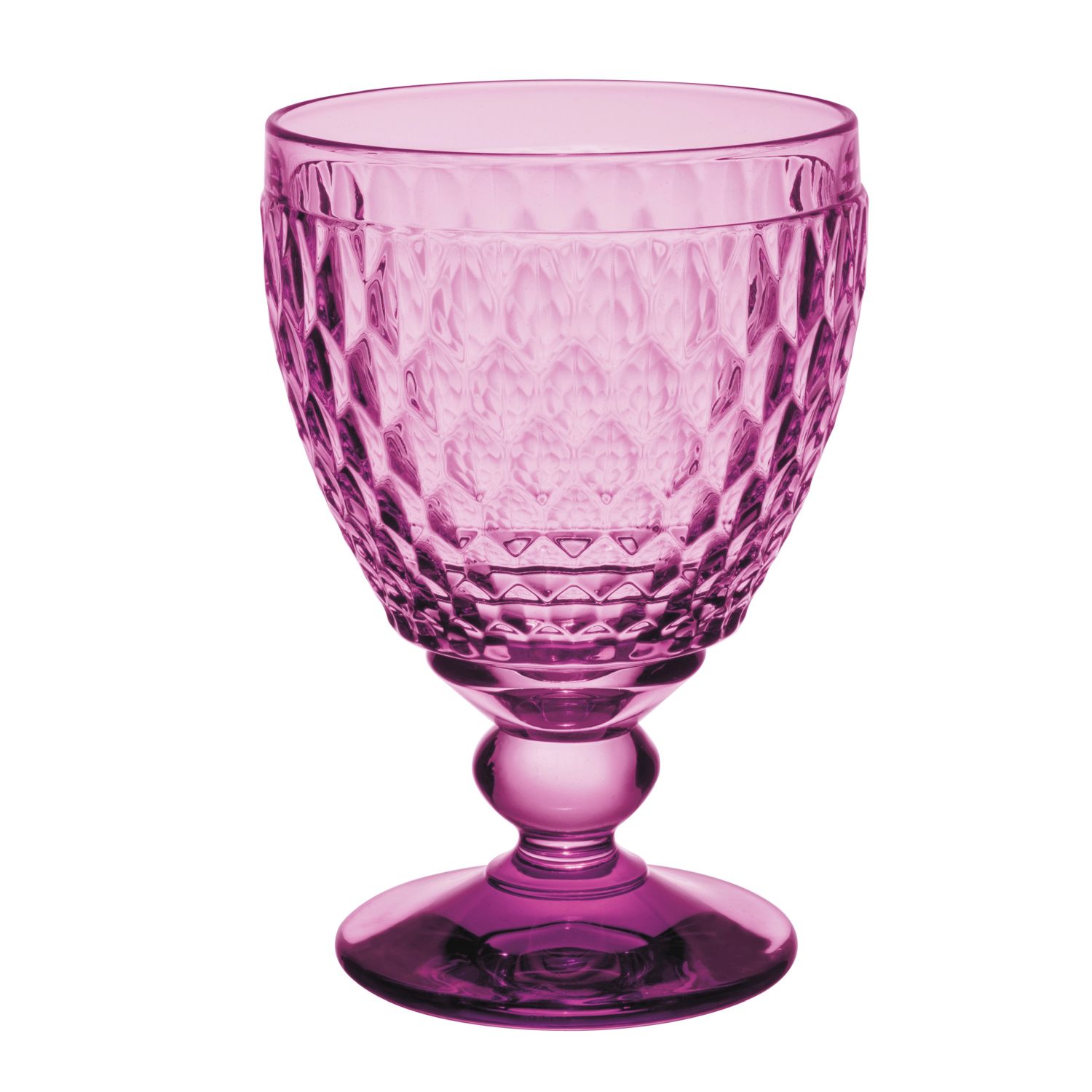Ein lila, facettierter Trinkbecher auf einem stabilen Fuß