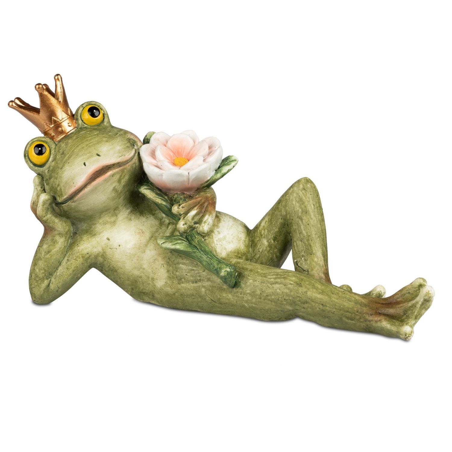 Liegende Froschfigur mit Krone hält eine rosa Blume und blickt nach vorn