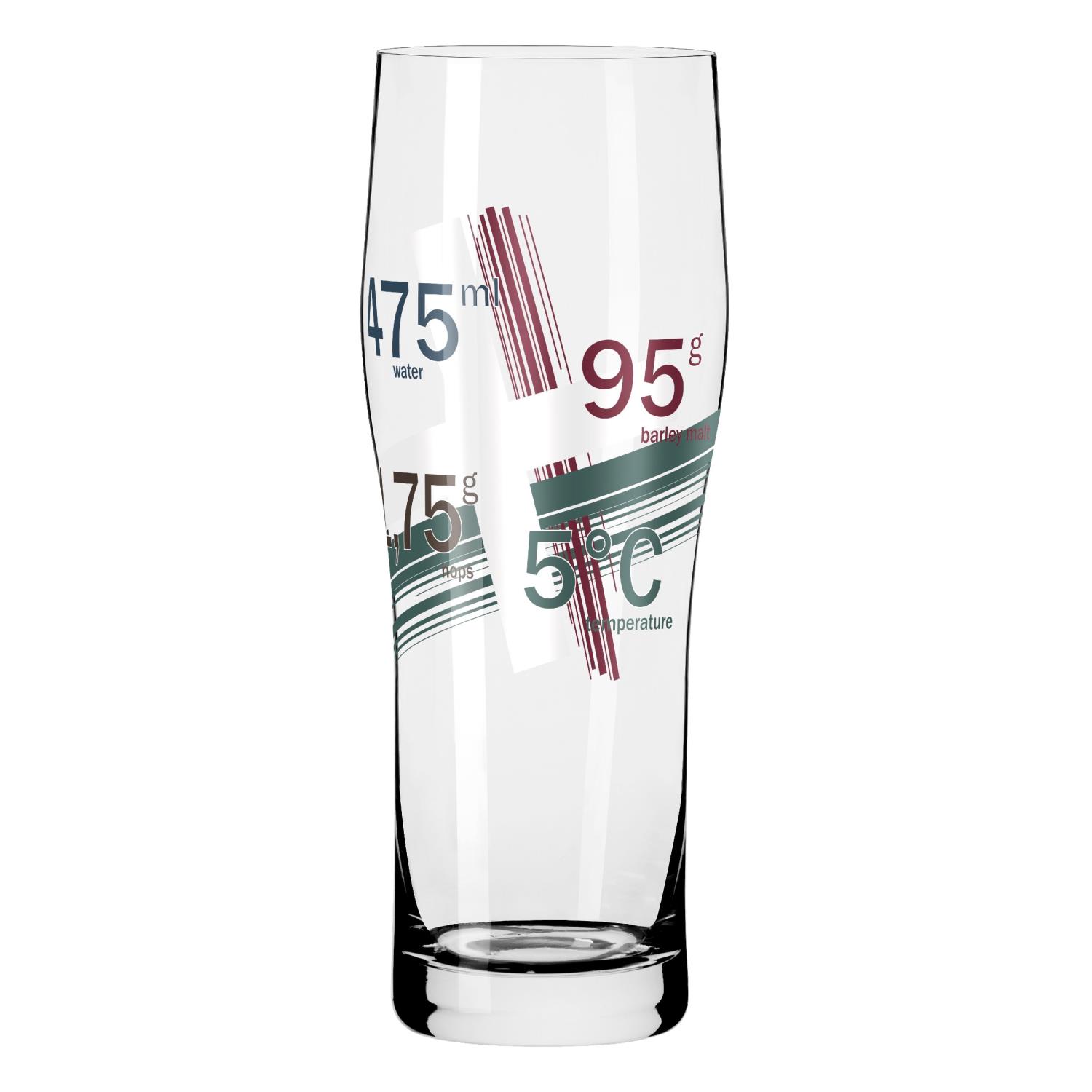 Ein hohes, transparentes Glas mit verschiedenen Maßangaben in Farben und Schriftarten, darunter Wasser, Malz, Hopfen und Temperatur.