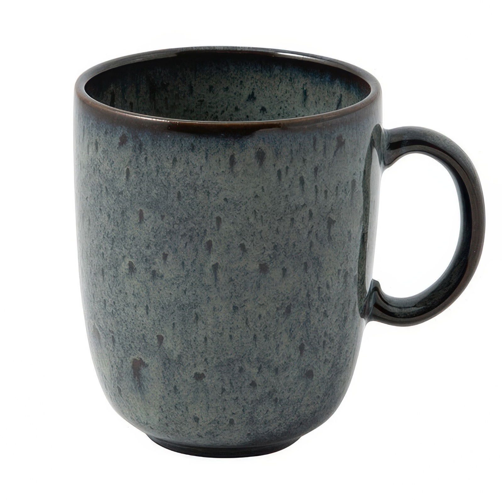 Eine graue Keramiktasse mit speckled Oberfläche und einem runden Henkel. Der Innenraum ist glatt und ebenfalls grau.