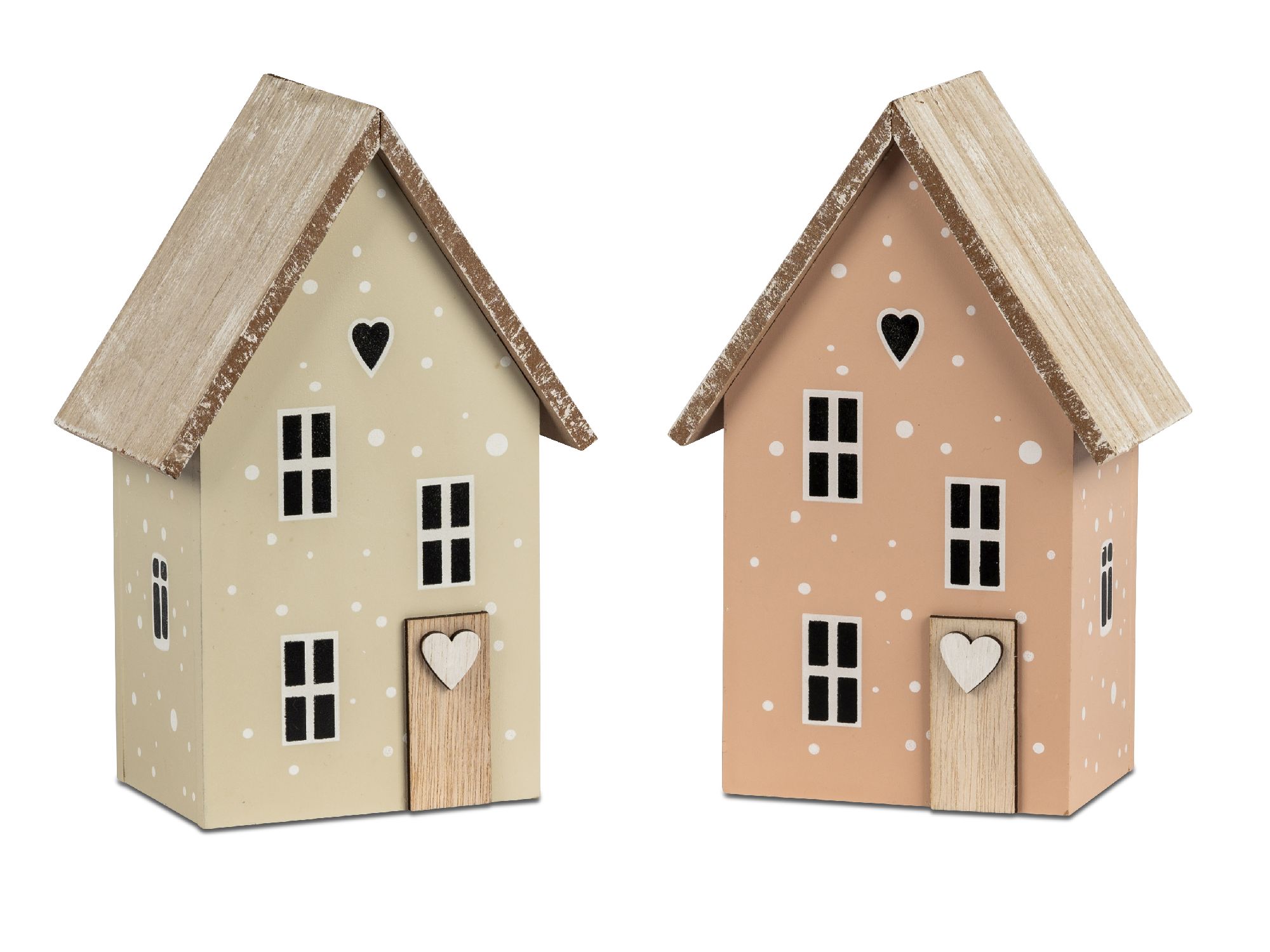 Zwei dekorative Holzhäuser in Beige und Apricot mit Herzmotiven und Fenstern, jeweils mit einem schrägen Dach.