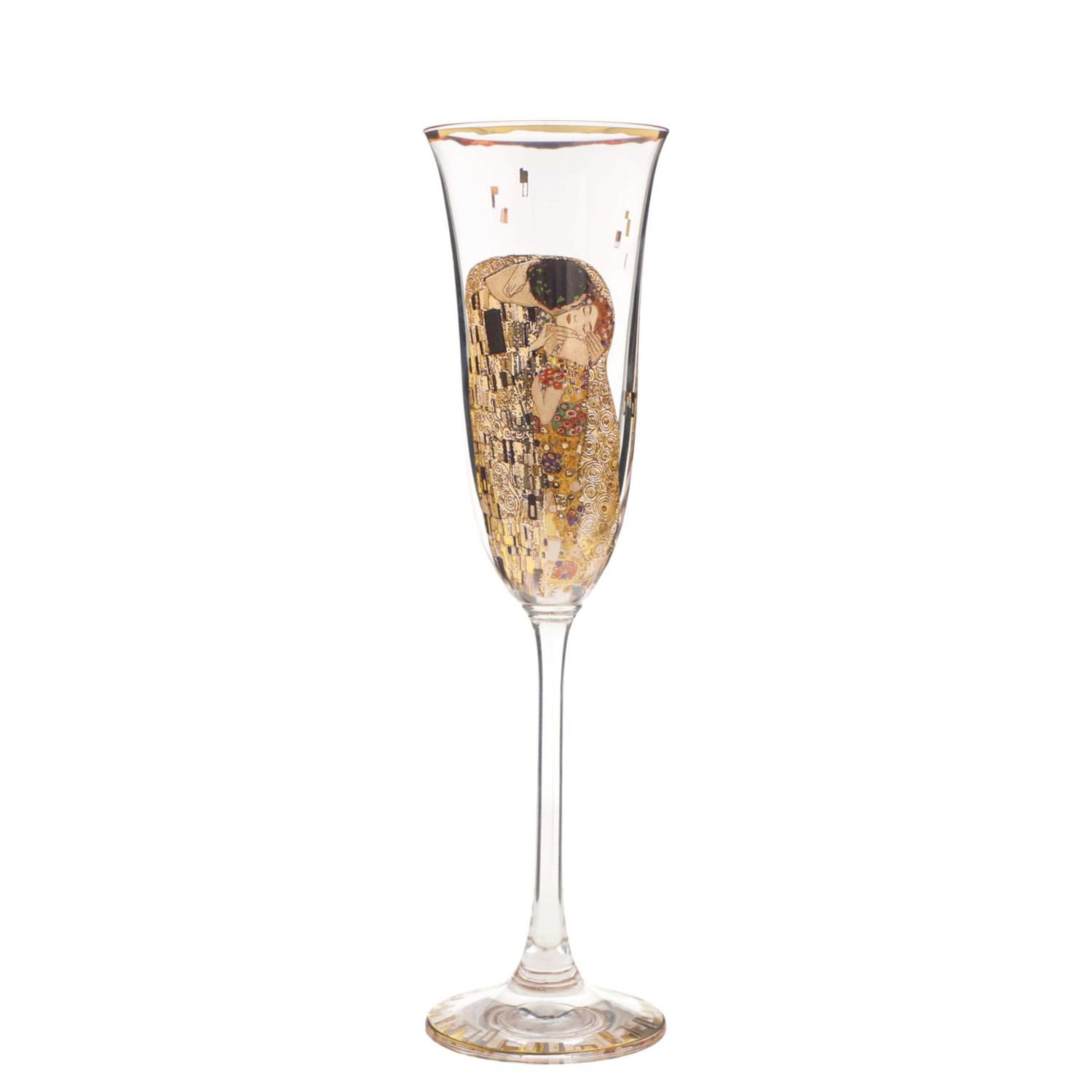 Ein elegantes Sektglas mit goldenen und bunten Verzierungen