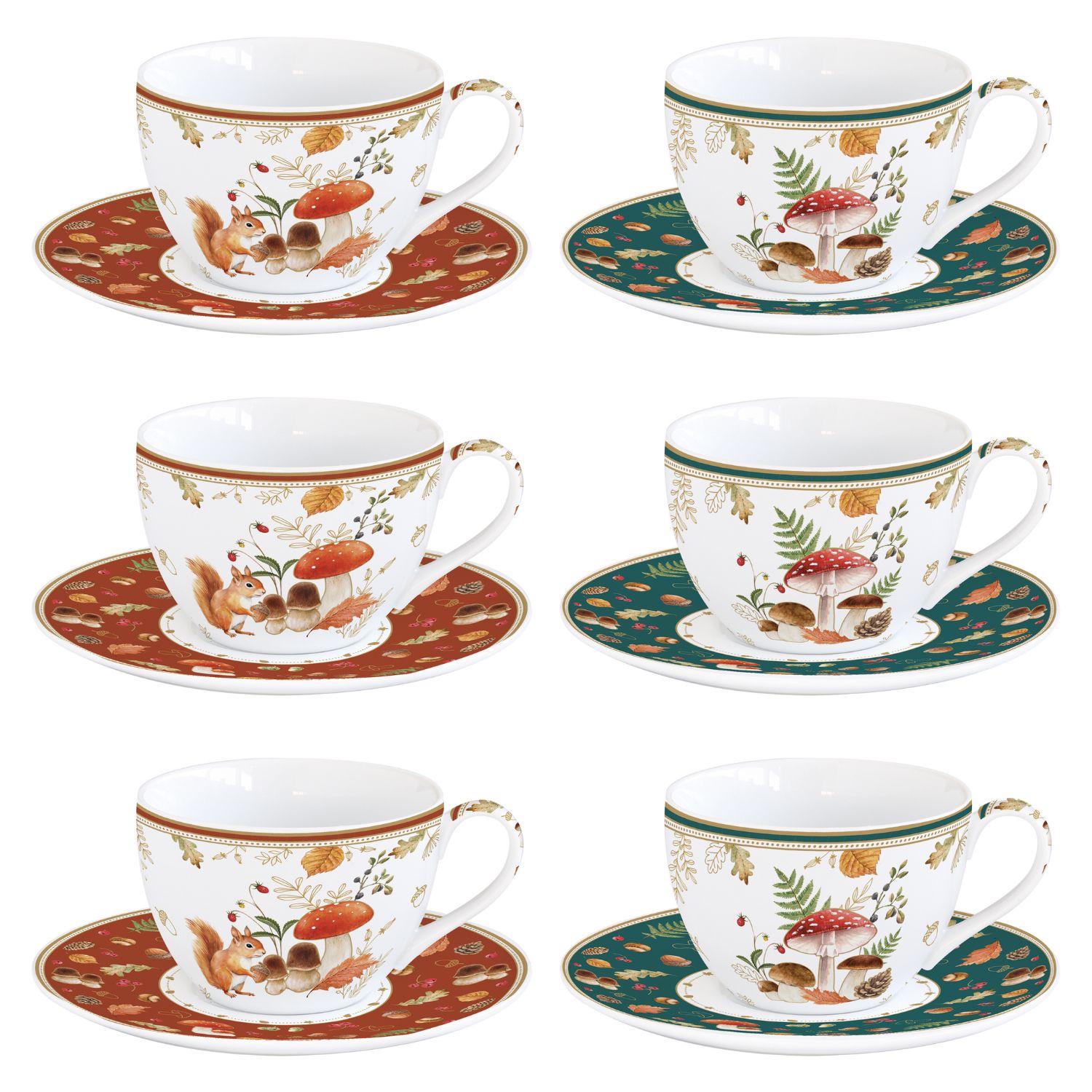 6 Tassen mit Untertasse mit Eichhörnchen, Blättern und Pilzmotiven
